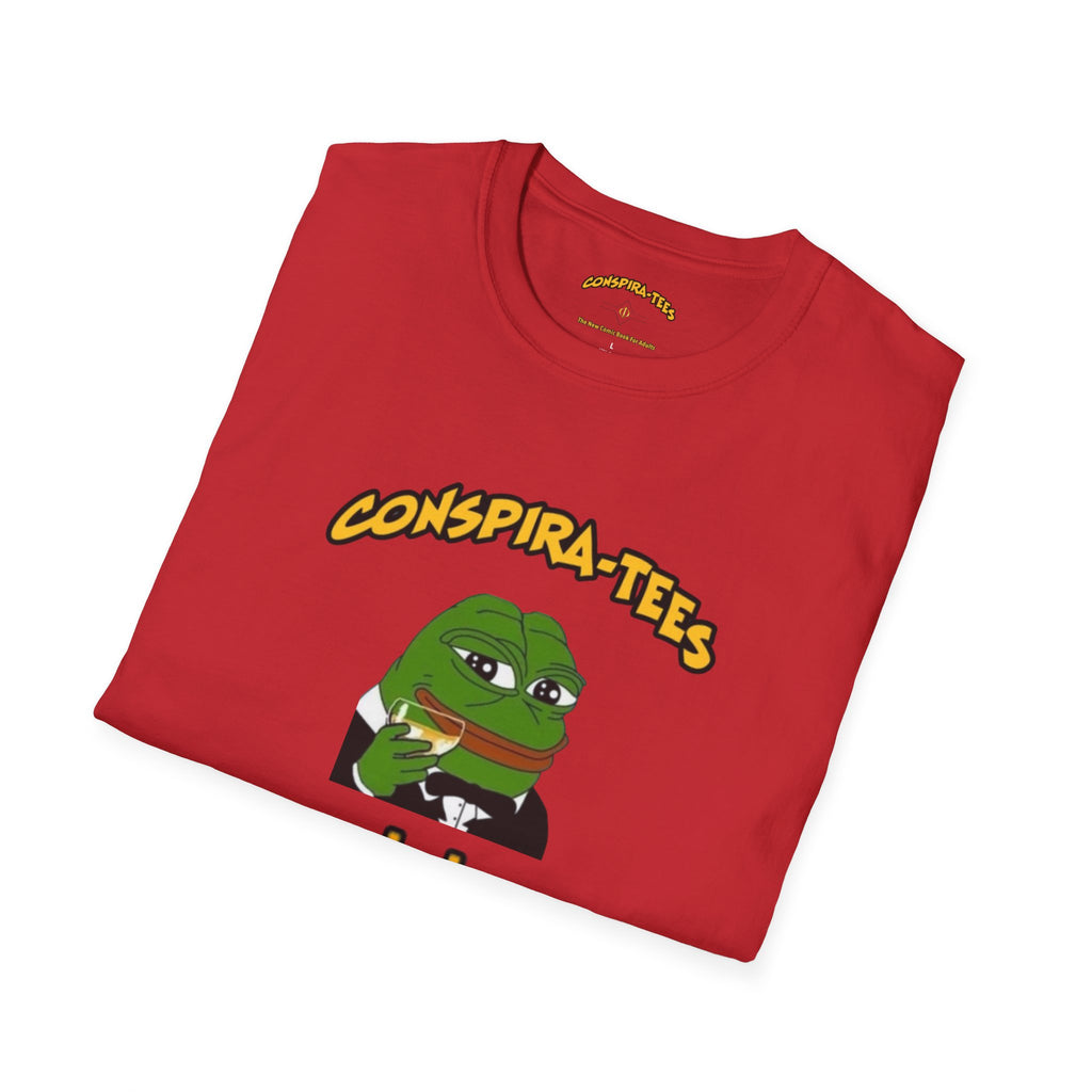 Kek Conspira-tee. Pepe at one point in time was the face of conspiracy memes on 4 chan and 8 chan. Kek is netspeak for lol. Mocking your enemy.