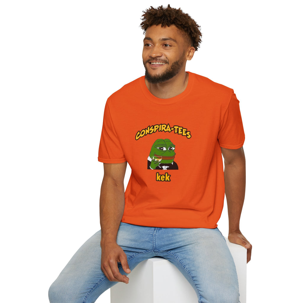 Kek Conspira-tee. Pepe at one point in time was the face of conspiracy memes on 4 chan and 8 chan. Kek is netspeak for lol. Mocking your enemy.