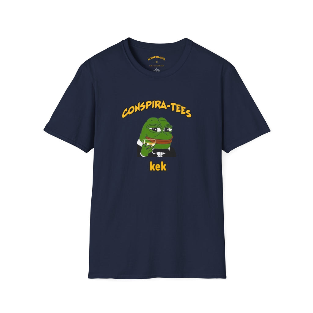 Kek Conspira-tee. Pepe at one point in time was the face of conspiracy memes on 4 chan and 8 chan. Kek is netspeak for lol. Mocking your enemy.
