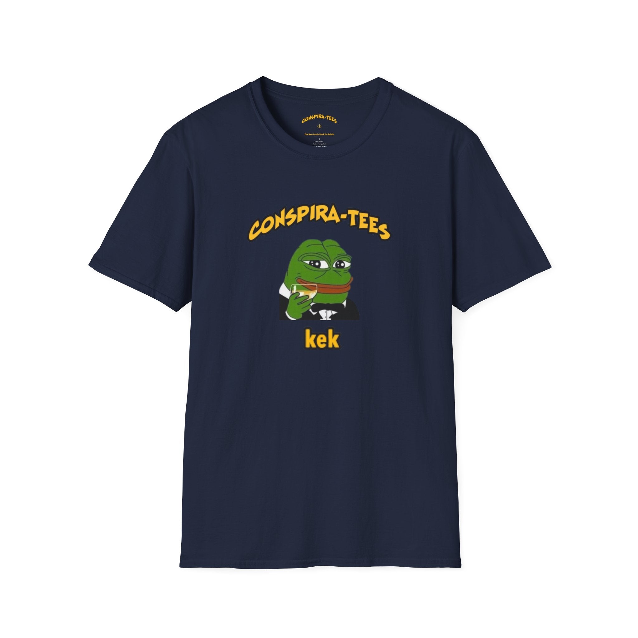 Kek Conspira-tee. Pepe at one point in time was the face of conspiracy memes on 4 chan and 8 chan. Kek is netspeak for lol. Mocking your enemy.
