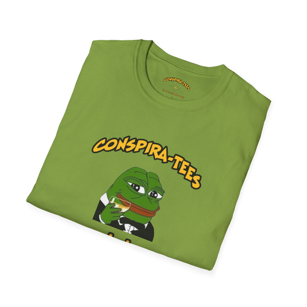 Kek Conspira-tee. Pepe at one point in time was the face of conspiracy memes on 4 chan and 8 chan. Kek is netspeak for lol. Mocking your enemy.