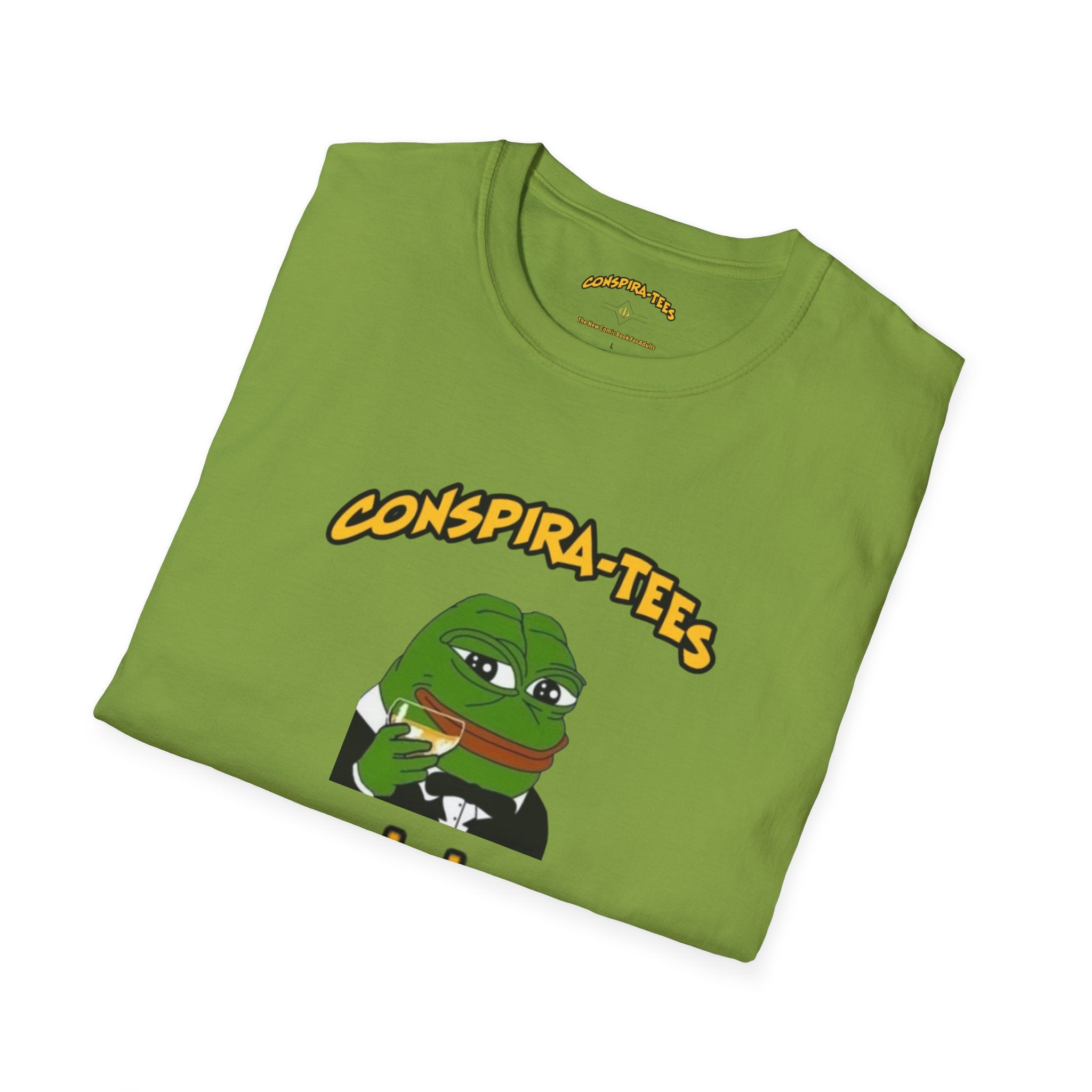 Kek Conspira-tee. Pepe at one point in time was the face of conspiracy memes on 4 chan and 8 chan. Kek is netspeak for lol. Mocking your enemy.