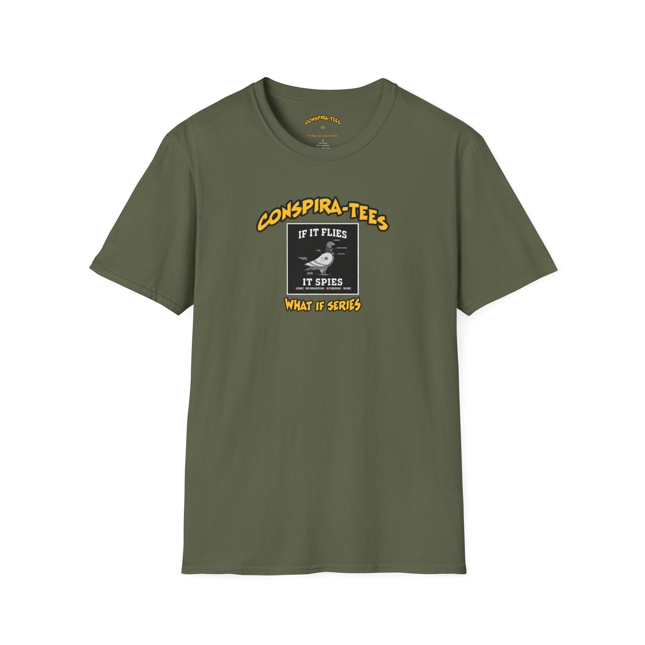 Birds are Drones Conspira-tee. This one is a parody designed to fight misinformation with satire, mocking real, dangerous conspiracy theories by creating a more absurd one.