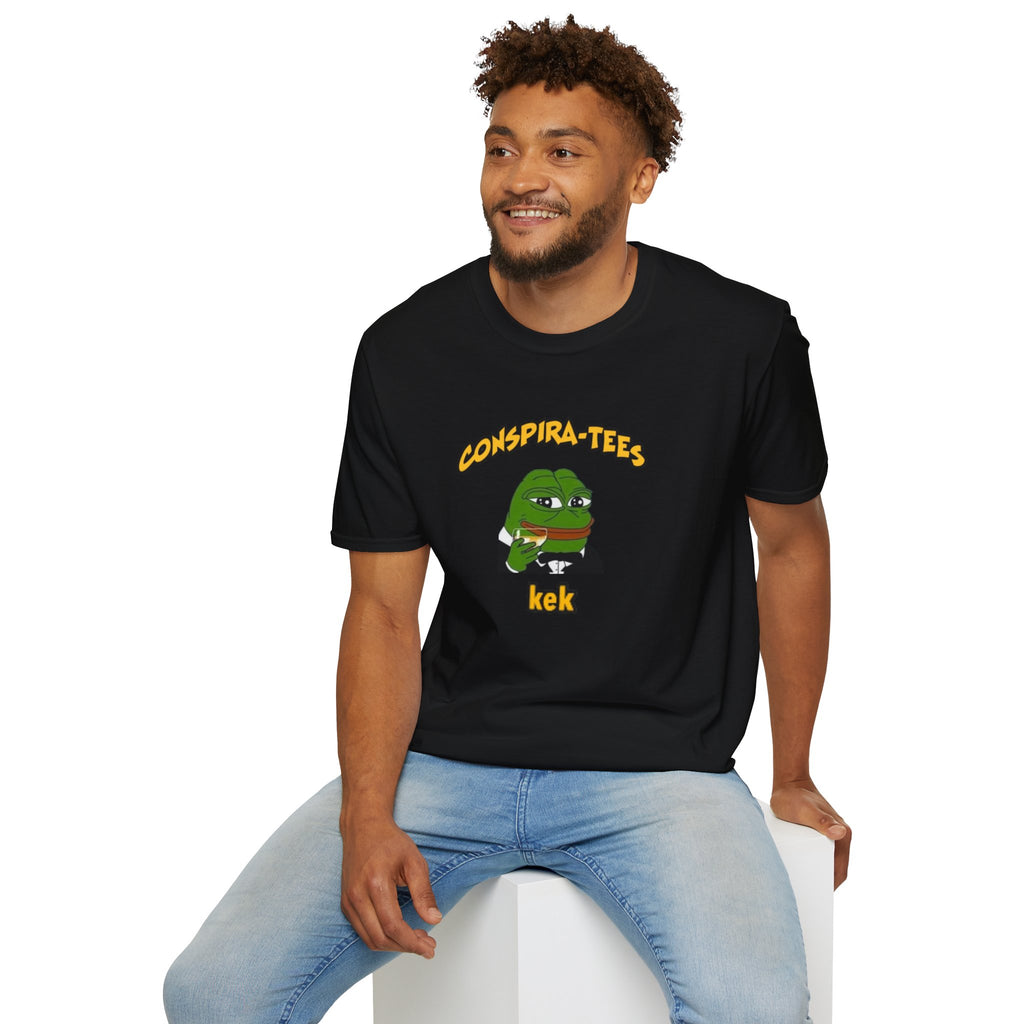 Kek Conspira-tee. Pepe at one point in time was the face of conspiracy memes on 4 chan and 8 chan. Kek is netspeak for lol. Mocking your enemy.