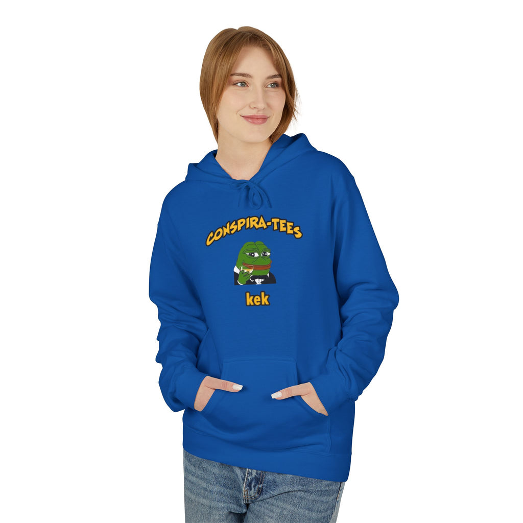 Kek Conspira-tee. Pepe at one point in time was the face of conspiracy memes on 4 chan and 8 chan. Kek is netspeak for lol. Mocking your enemy.