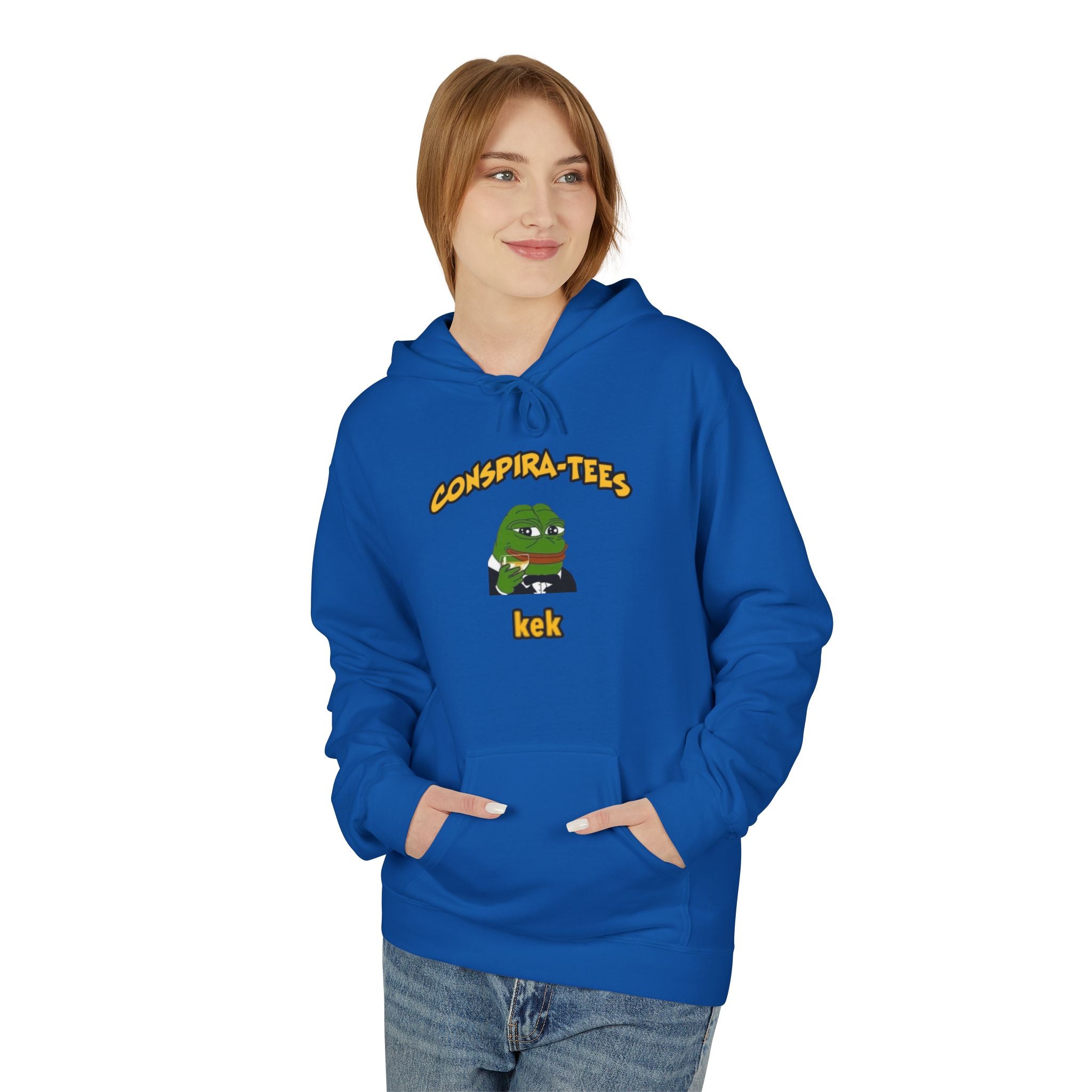 Kek Conspira-tee. Pepe at one point in time was the face of conspiracy memes on 4 chan and 8 chan. Kek is netspeak for lol. Mocking your enemy.
