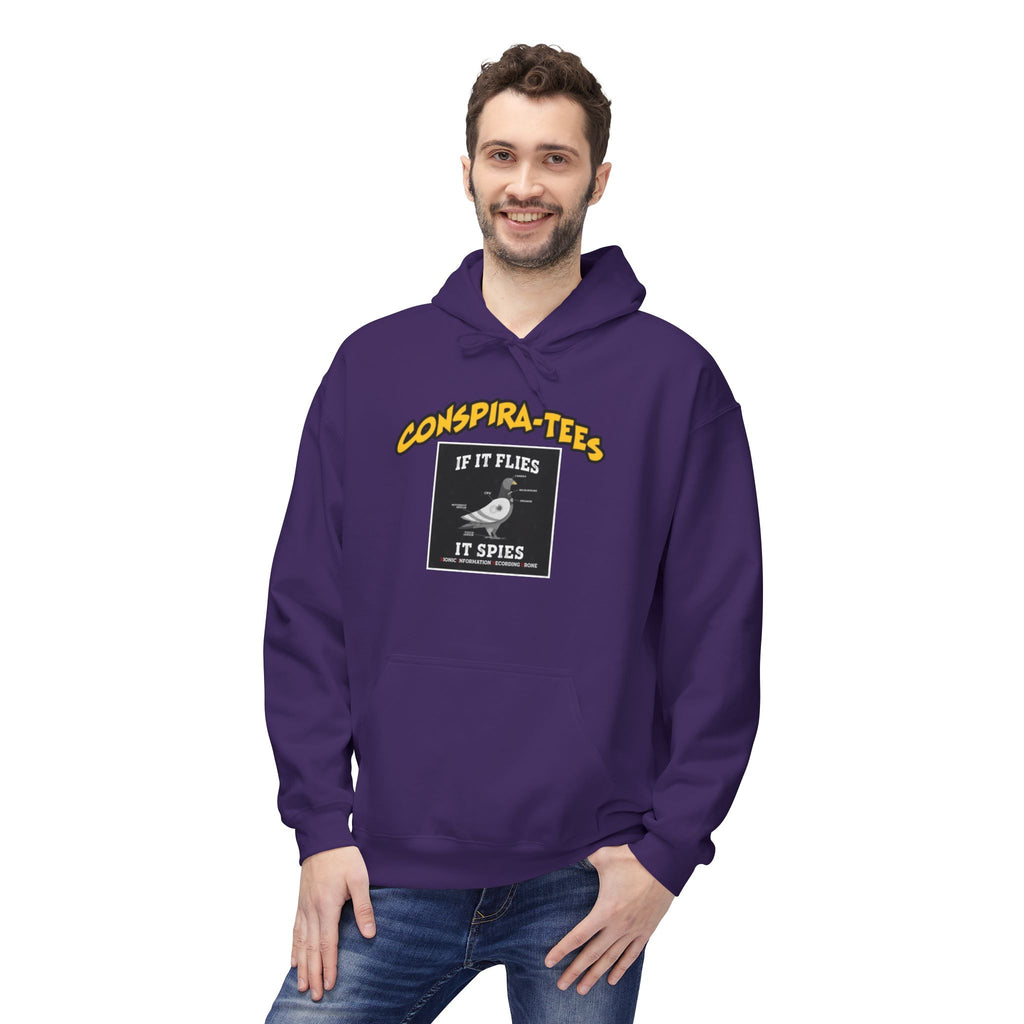 Birds are Drones Conspira-tee. This one is a parody designed to fight misinformation with satire, mocking real, dangerous conspiracy theories by creating a more absurd one.