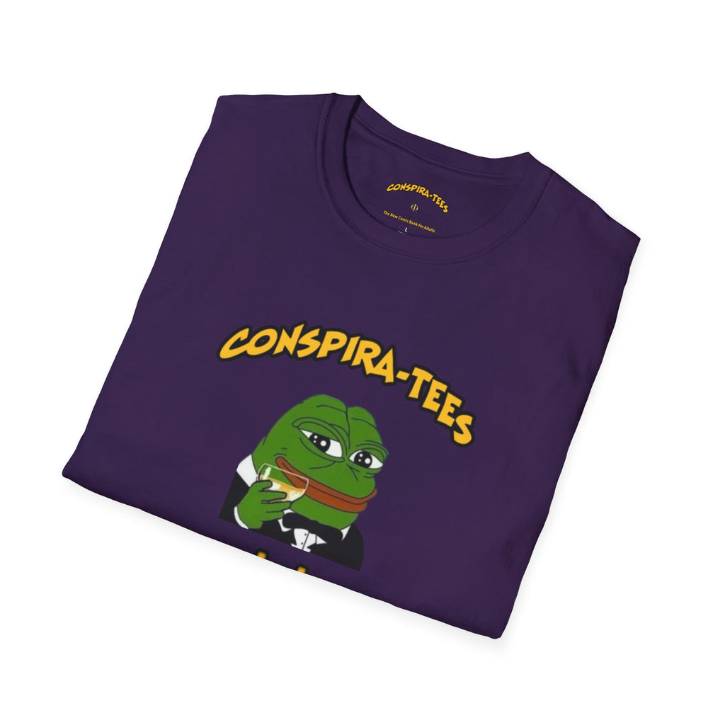 Kek Conspira-tee. Pepe at one point in time was the face of conspiracy memes on 4 chan and 8 chan. Kek is netspeak for lol. Mocking your enemy.