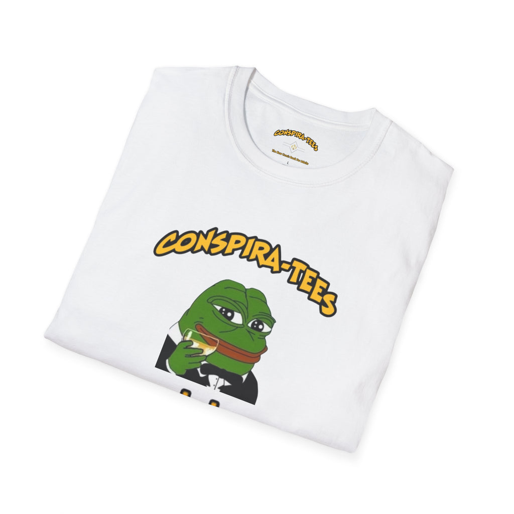 Kek Conspira-tee. Pepe at one point in time was the face of conspiracy memes on 4 chan and 8 chan. Kek is netspeak for lol. Mocking your enemy.