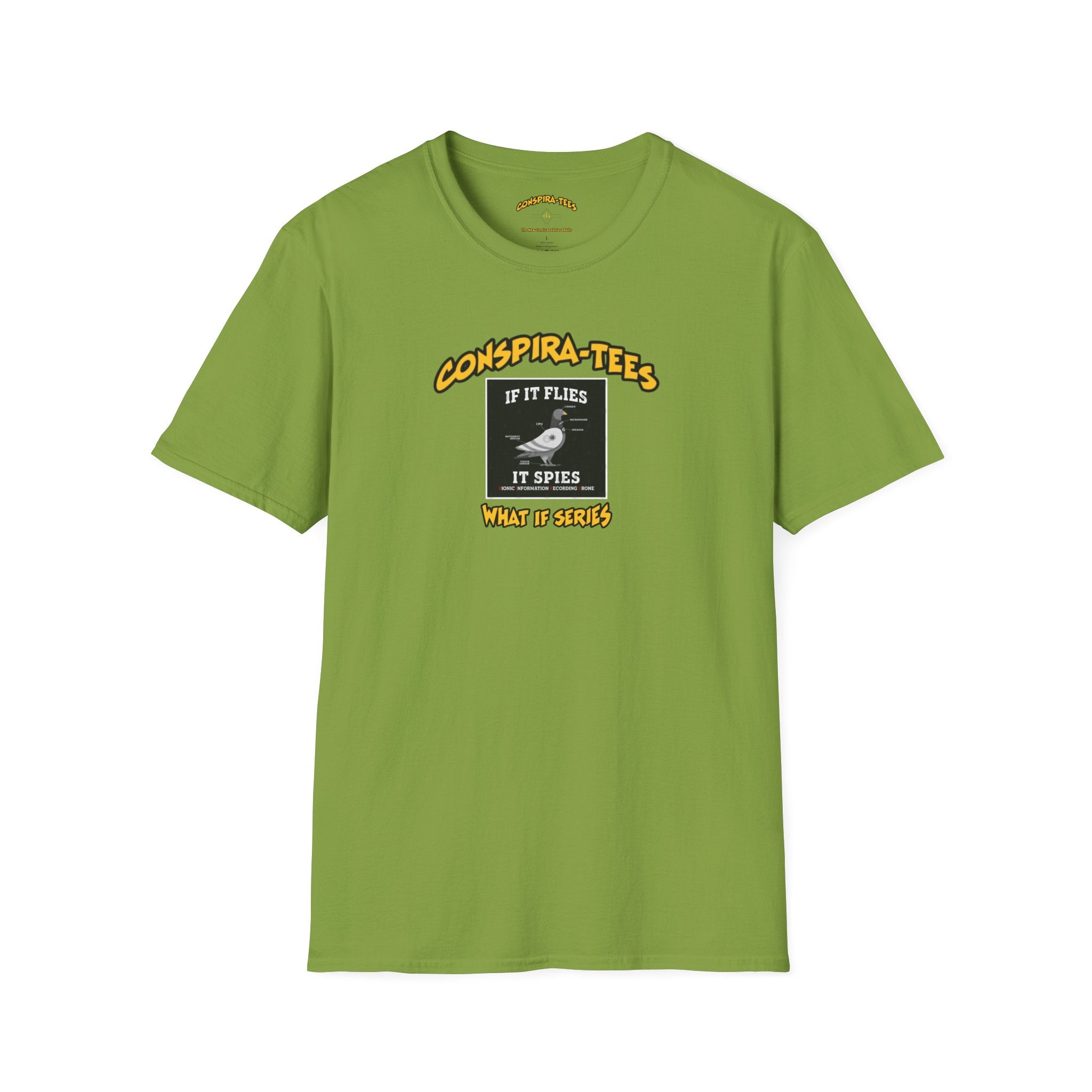 Birds are Drones Conspira-tee. This one is a parody designed to fight misinformation with satire, mocking real, dangerous conspiracy theories by creating a more absurd one.