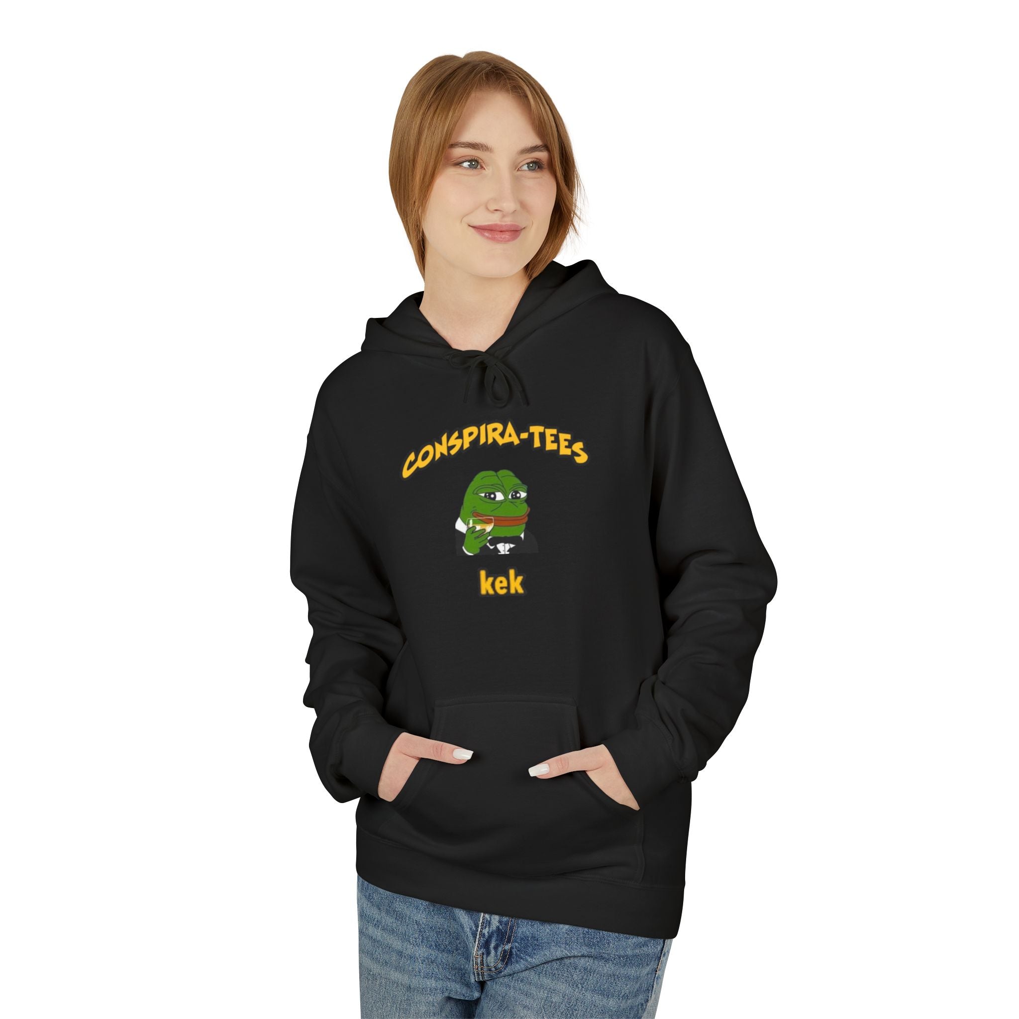 Kek Conspira-tee. Pepe at one point in time was the face of conspiracy memes on 4 chan and 8 chan. Kek is netspeak for lol. Mocking your enemy.