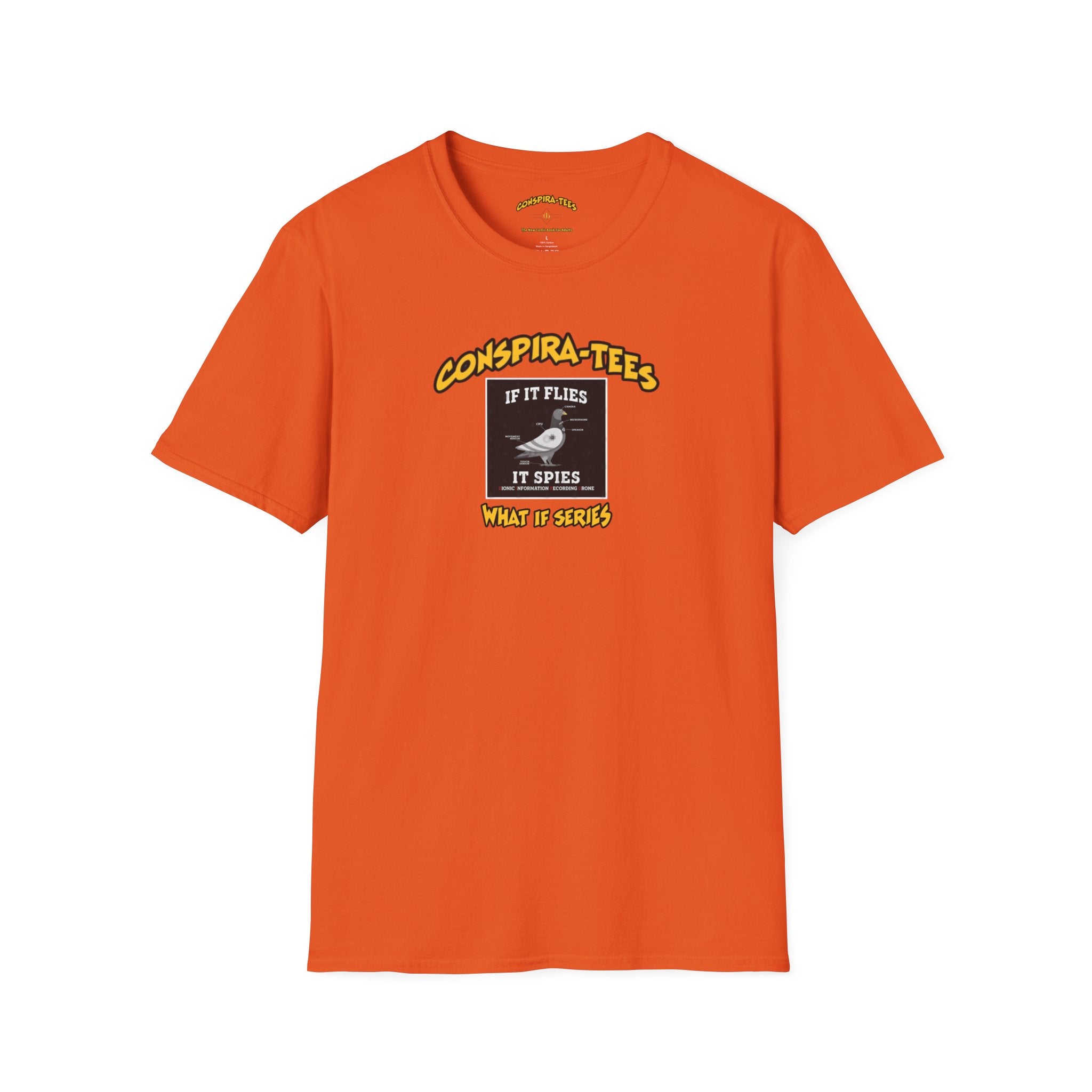 Birds are Drones Conspira-tee. This one is a parody designed to fight misinformation with satire, mocking real, dangerous conspiracy theories by creating a more absurd one.