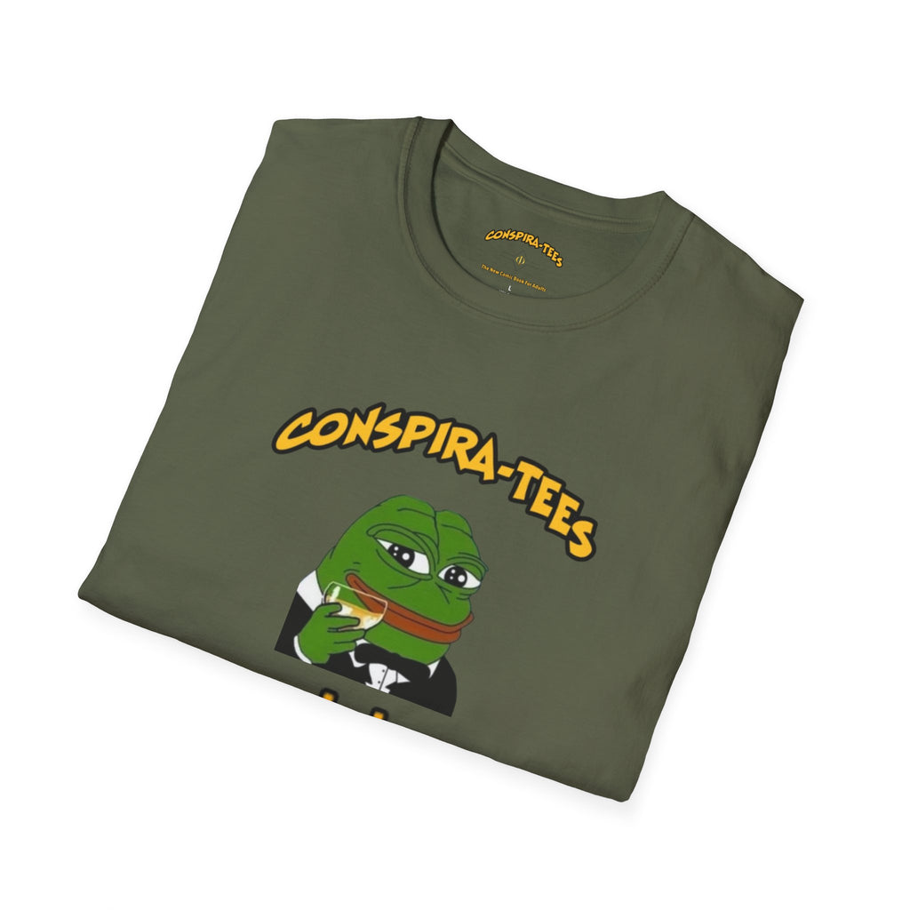 Kek Conspira-tee. Pepe at one point in time was the face of conspiracy memes on 4 chan and 8 chan. Kek is netspeak for lol. Mocking your enemy.