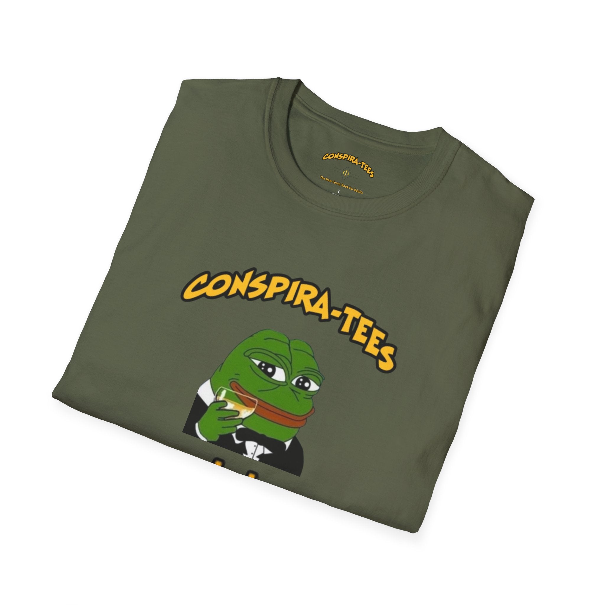 Kek Conspira-tee. Pepe at one point in time was the face of conspiracy memes on 4 chan and 8 chan. Kek is netspeak for lol. Mocking your enemy.