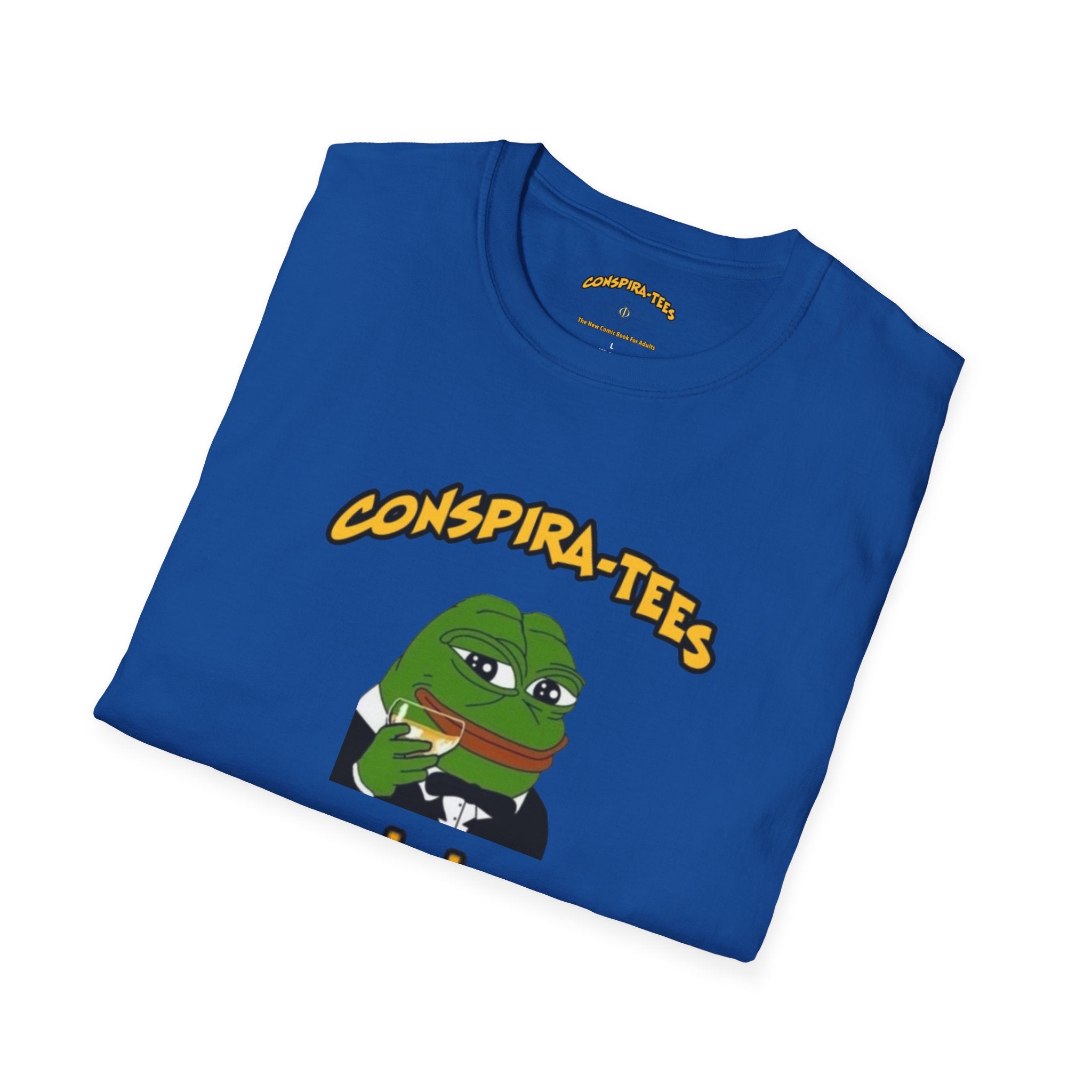 Kek Conspira-tee. Pepe at one point in time was the face of conspiracy memes on 4 chan and 8 chan. Kek is netspeak for lol. Mocking your enemy.