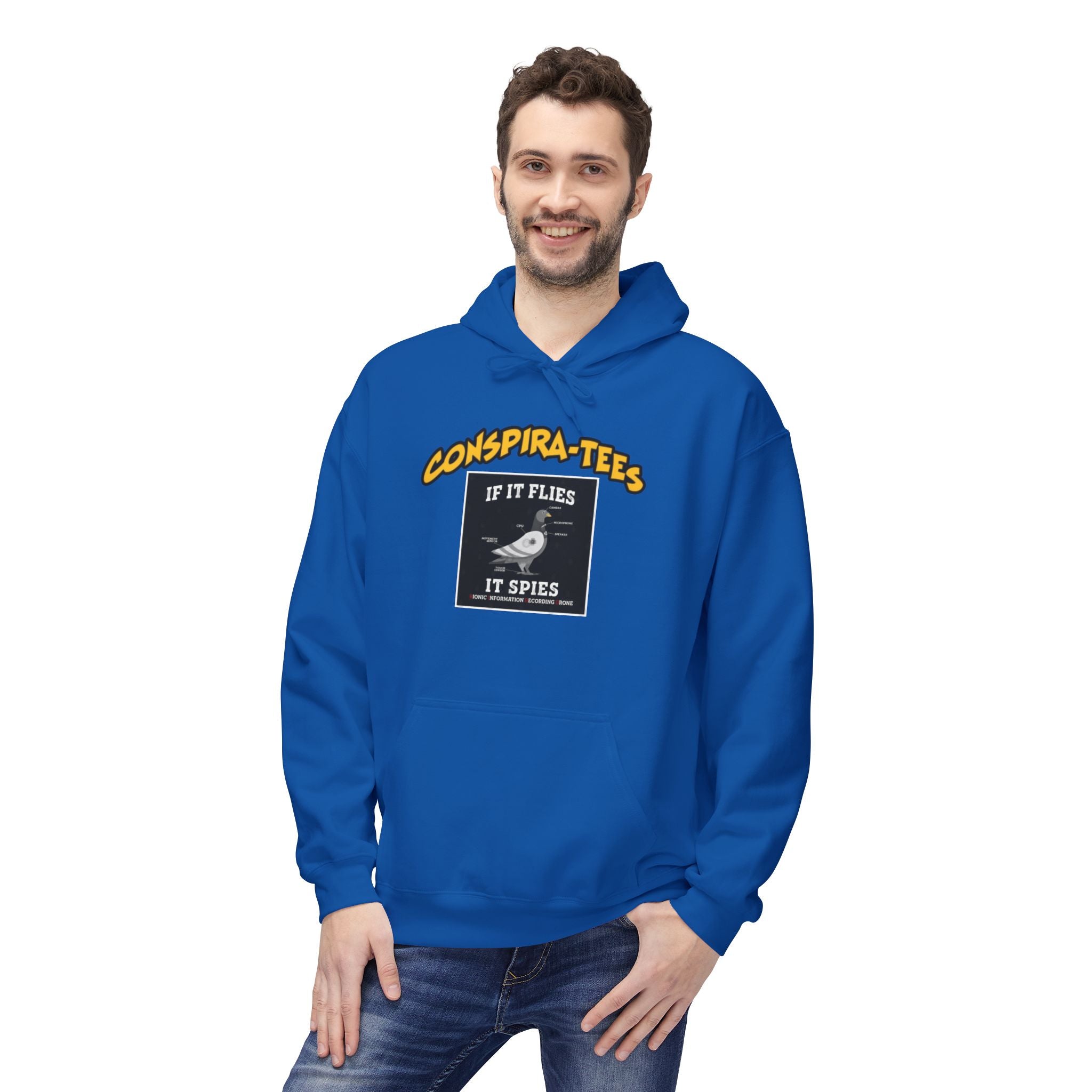 Birds are Drones Conspira-tee. This one is a parody designed to fight misinformation with satire, mocking real, dangerous conspiracy theories by creating a more absurd one.