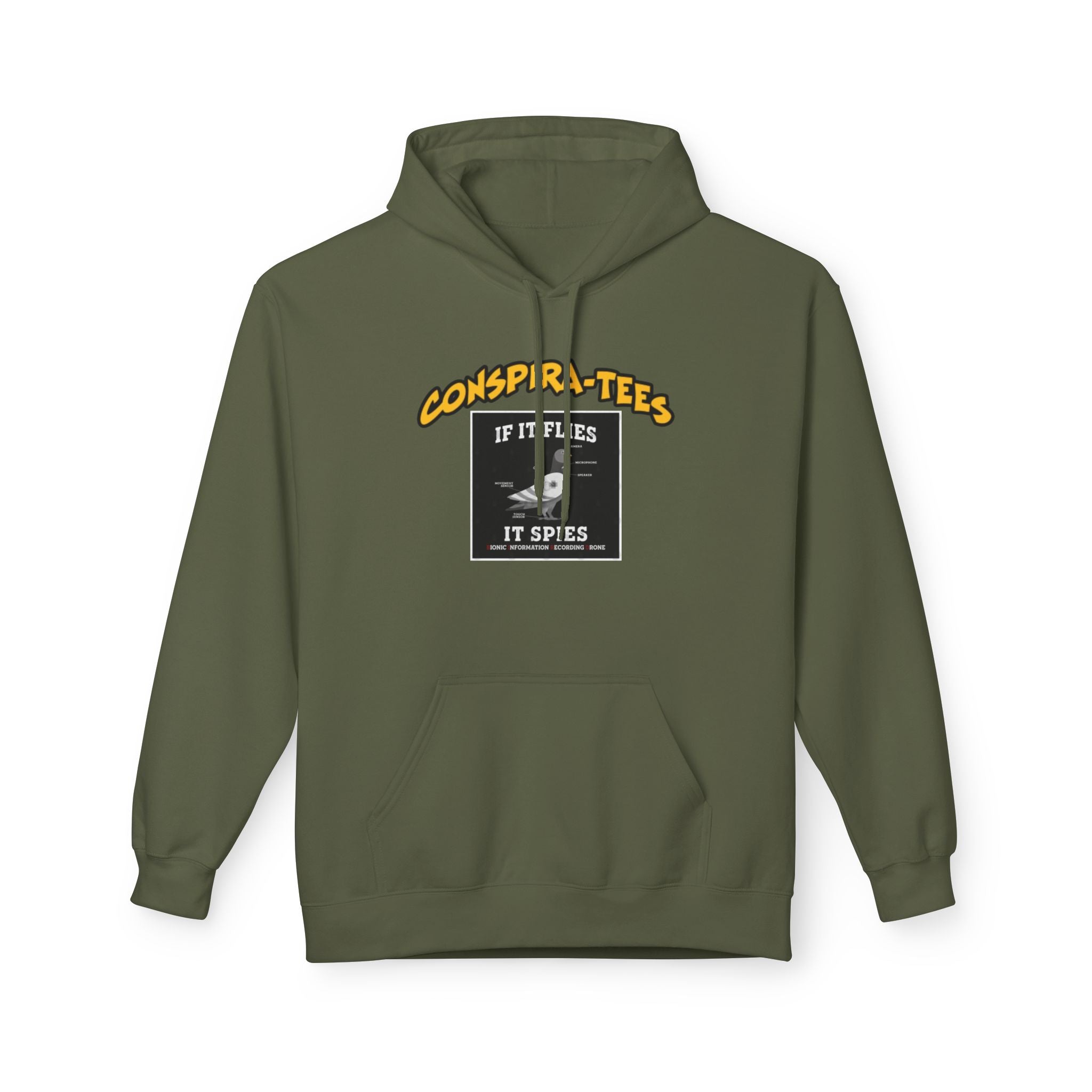 Birds are Drones Conspira-tee. This one is a parody designed to fight misinformation with satire, mocking real, dangerous conspiracy theories by creating a more absurd one.