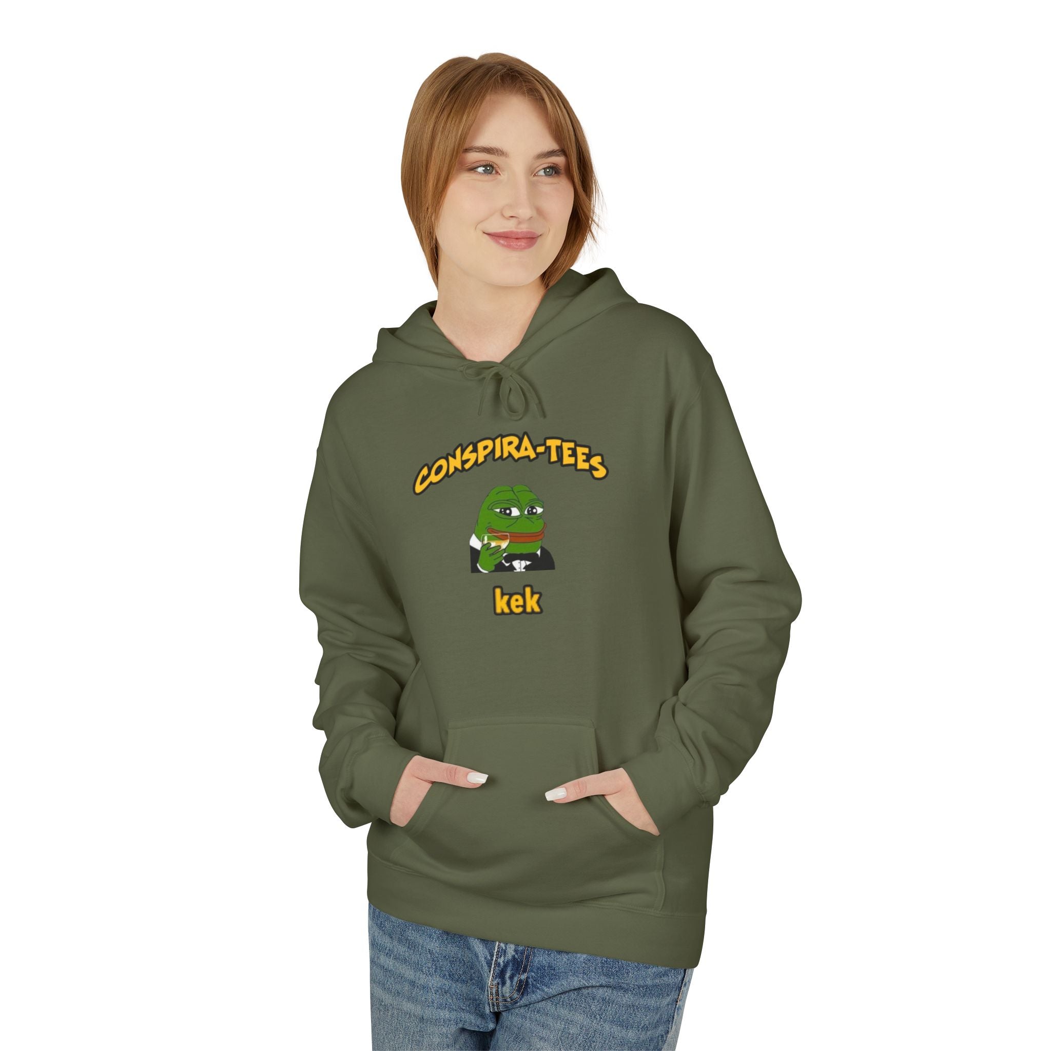 Kek Conspira-tee. Pepe at one point in time was the face of conspiracy memes on 4 chan and 8 chan. Kek is netspeak for lol. Mocking your enemy.