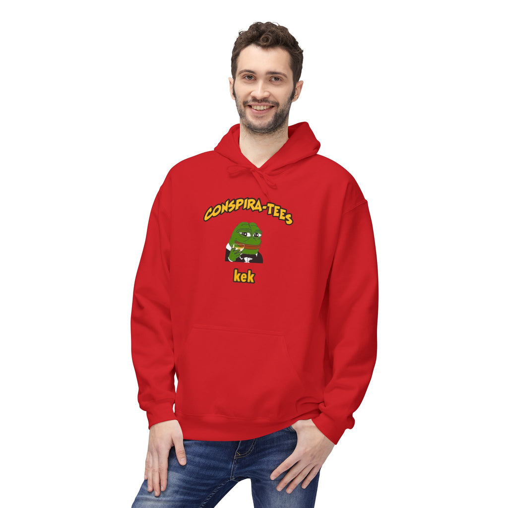 Kek Conspira-tee. Pepe at one point in time was the face of conspiracy memes on 4 chan and 8 chan. Kek is netspeak for lol. Mocking your enemy.