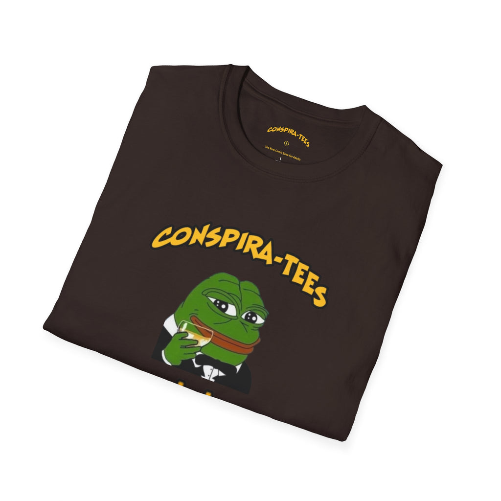 Kek Conspira-tee. Pepe at one point in time was the face of conspiracy memes on 4 chan and 8 chan. Kek is netspeak for lol. Mocking your enemy.