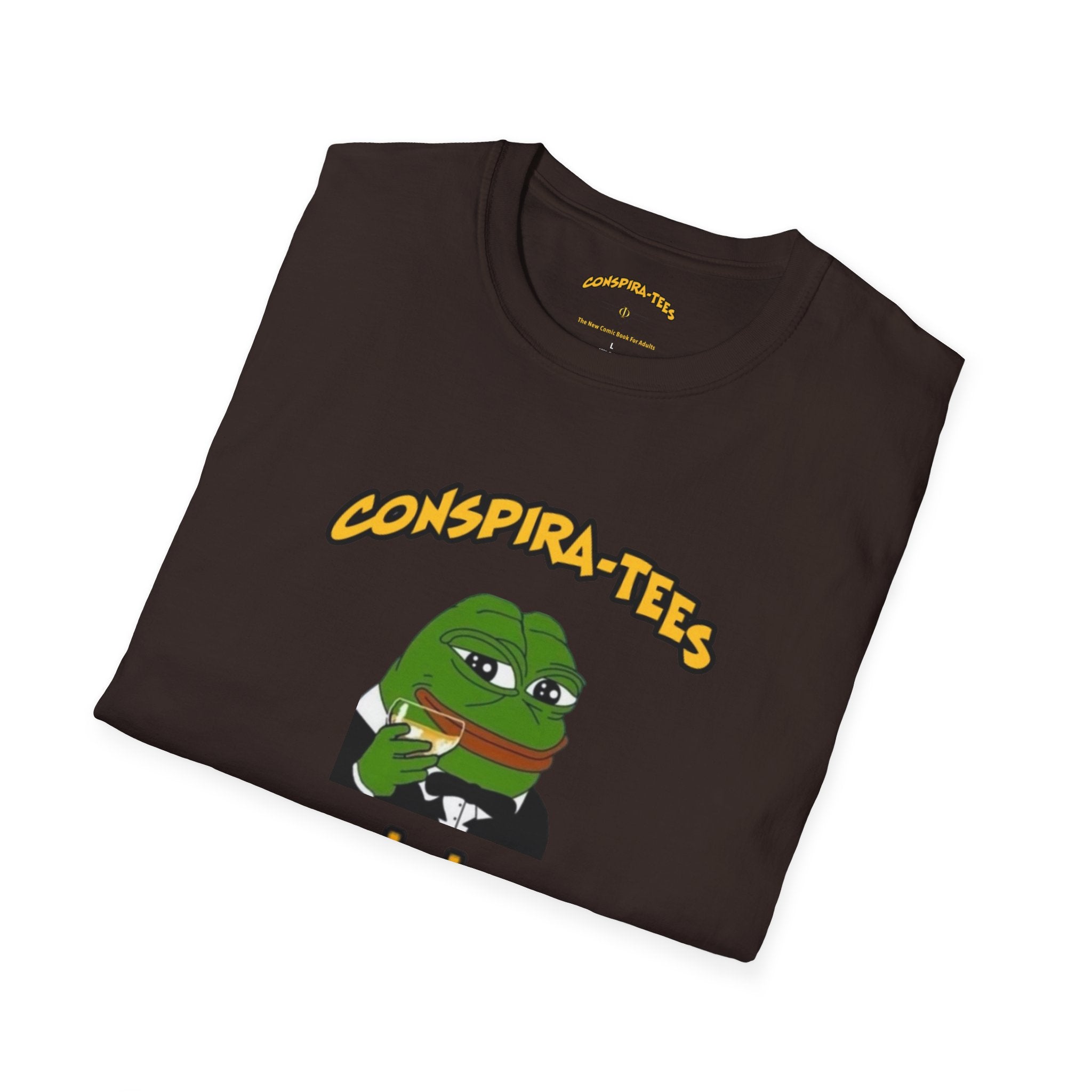 Kek Conspira-tee. Pepe at one point in time was the face of conspiracy memes on 4 chan and 8 chan. Kek is netspeak for lol. Mocking your enemy.