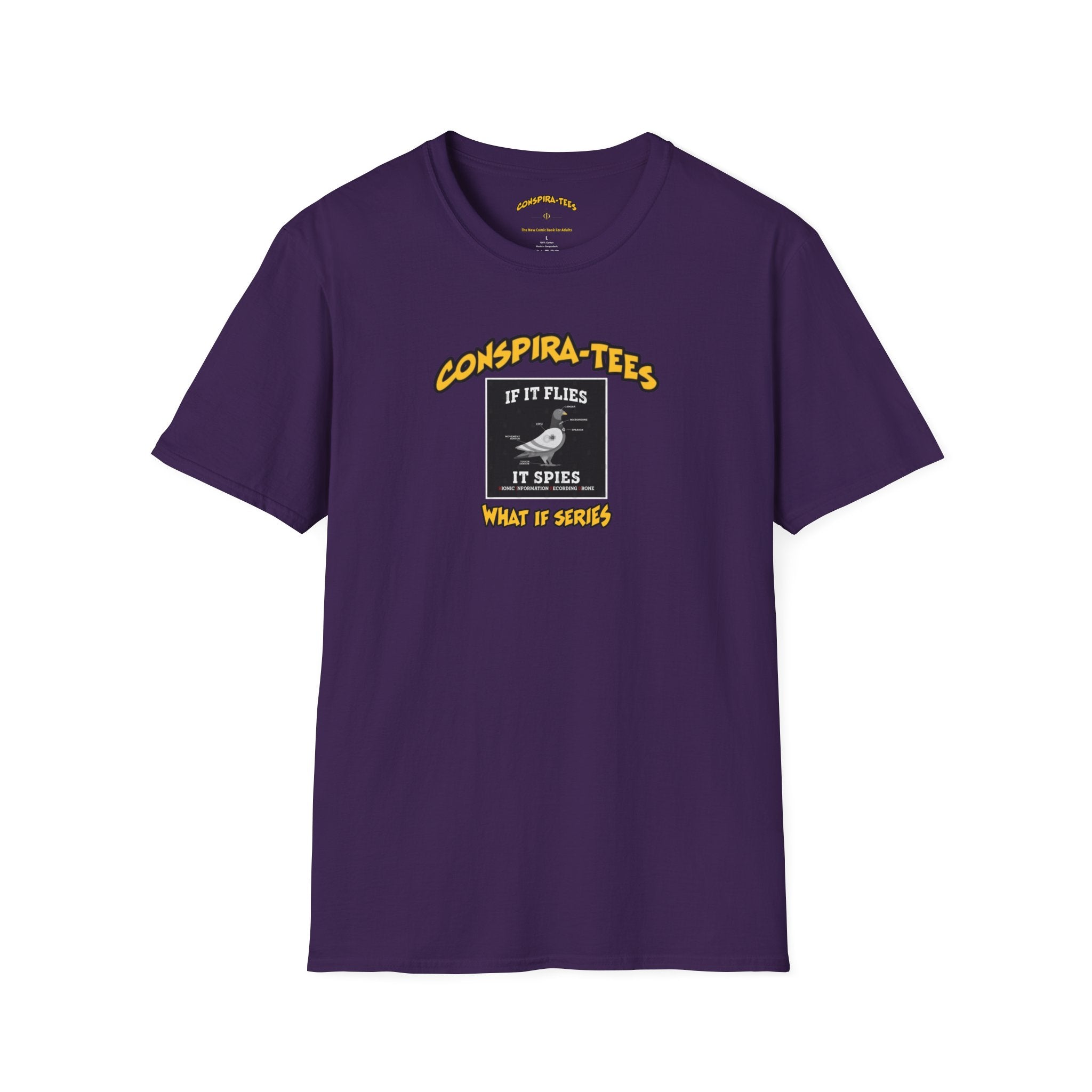 Birds are Drones Conspira-tee. This one is a parody designed to fight misinformation with satire, mocking real, dangerous conspiracy theories by creating a more absurd one.