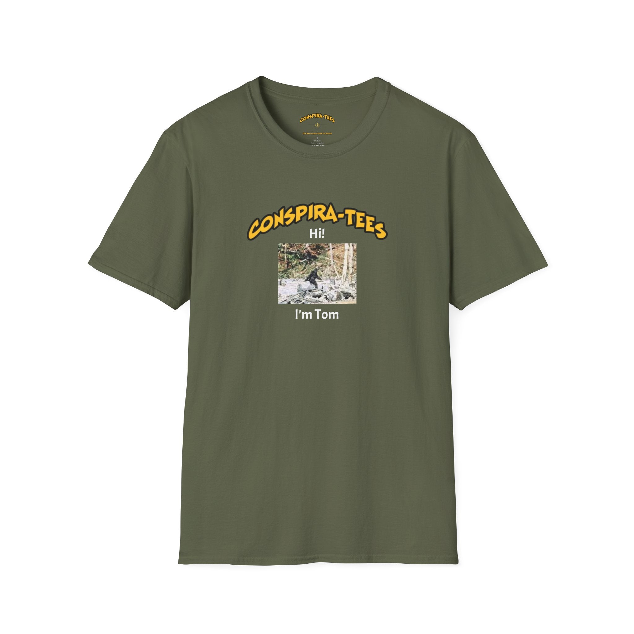 Bigfoot. “Hi I’m Tom,” Conspira-tee. Bigfoot is described as a massive, bipedal ape standing 6 to 10 feet tall, covered in thick hair, and roaming the remote forests of the US Pacific Northwest.