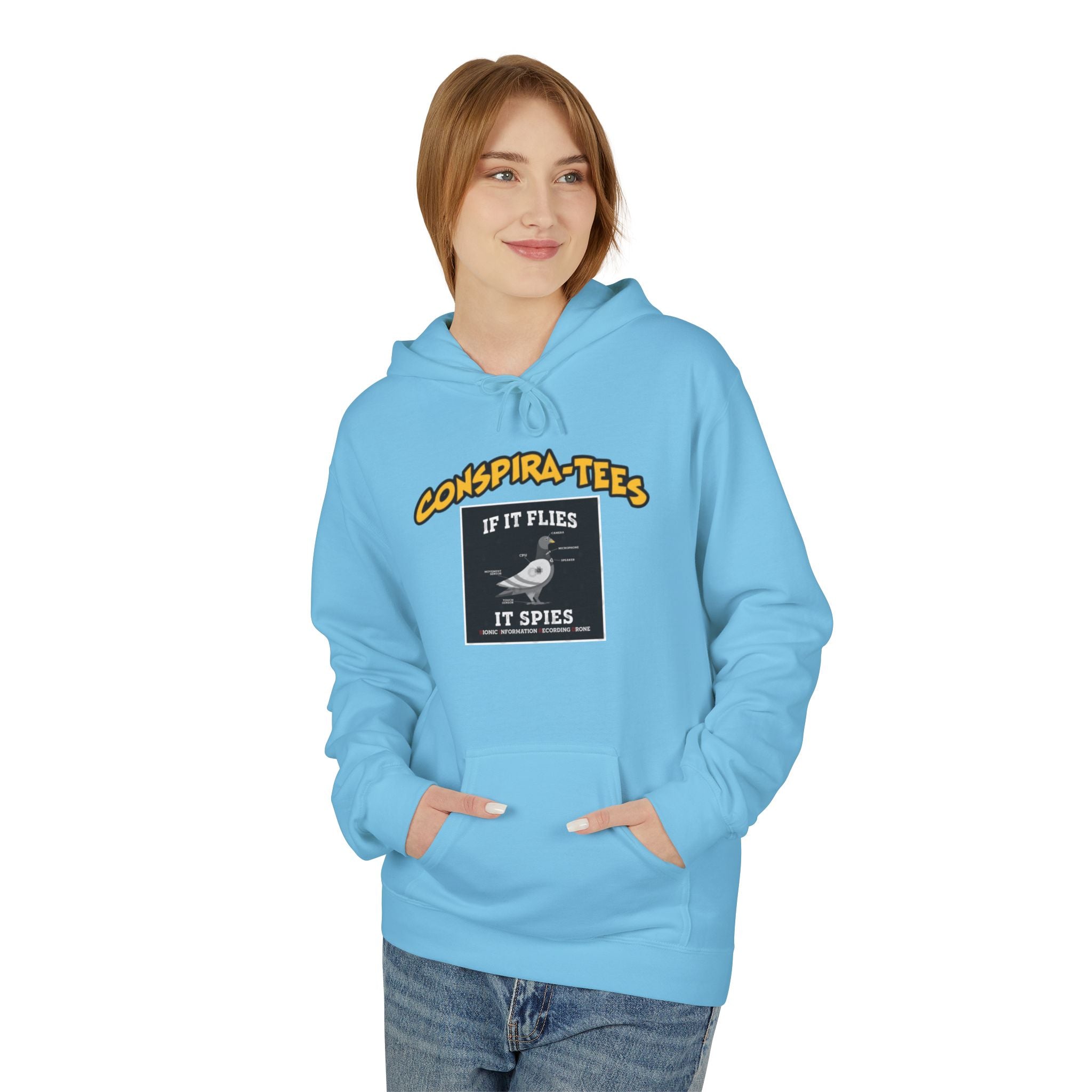 Birds are Drones Conspira-tee. This one is a parody designed to fight misinformation with satire, mocking real, dangerous conspiracy theories by creating a more absurd one.