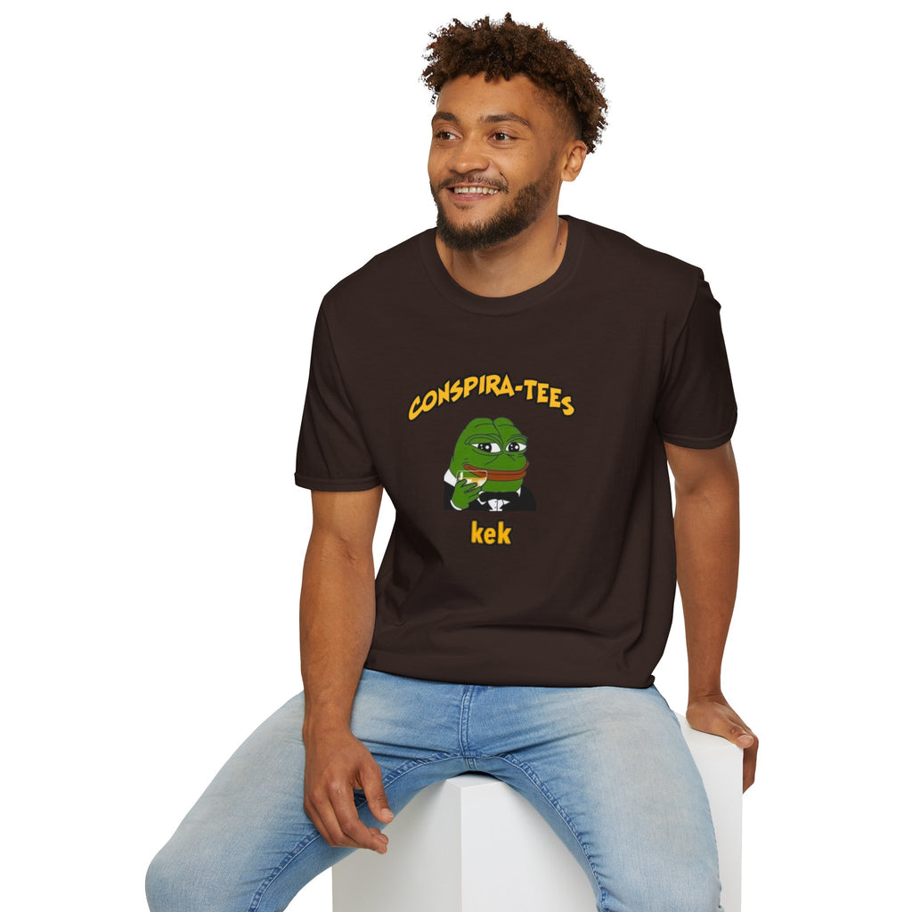 Kek Conspira-tee. Pepe at one point in time was the face of conspiracy memes on 4 chan and 8 chan. Kek is netspeak for lol. Mocking your enemy.