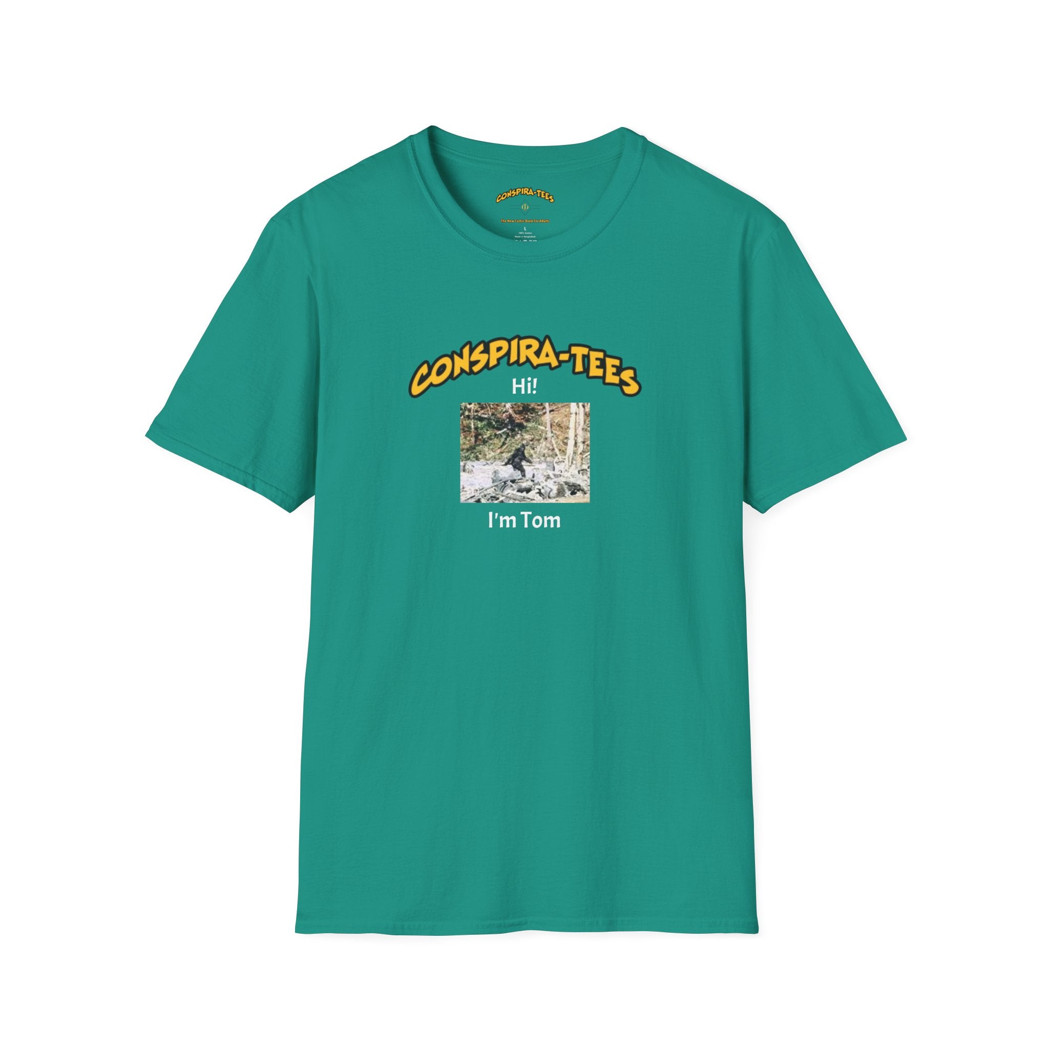 Bigfoot. “Hi I’m Tom,” Conspira-tee. Bigfoot is described as a massive, bipedal ape standing 6 to 10 feet tall, covered in thick hair, and roaming the remote forests of the US Pacific Northwest.