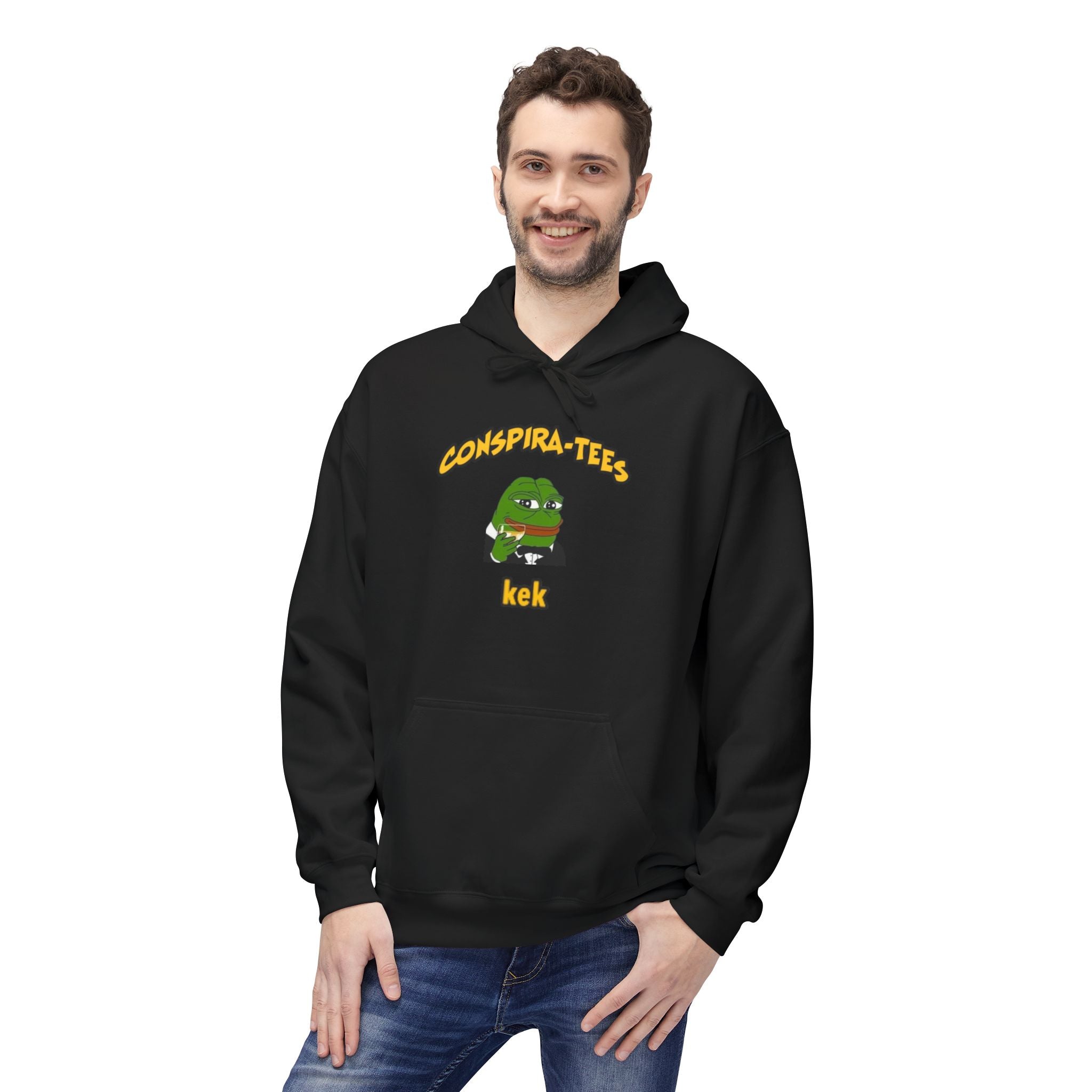 Kek Conspira-tee. Pepe at one point in time was the face of conspiracy memes on 4 chan and 8 chan. Kek is netspeak for lol. Mocking your enemy.