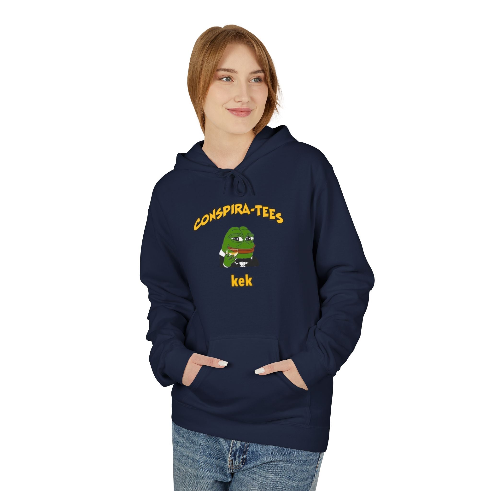 Kek Conspira-tee. Pepe at one point in time was the face of conspiracy memes on 4 chan and 8 chan. Kek is netspeak for lol. Mocking your enemy.