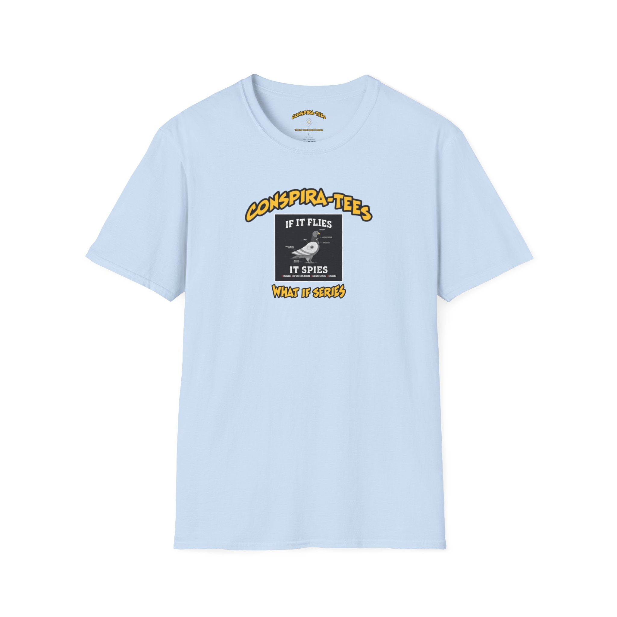 Birds are Drones Conspira-tee. This one is a parody designed to fight misinformation with satire, mocking real, dangerous conspiracy theories by creating a more absurd one.