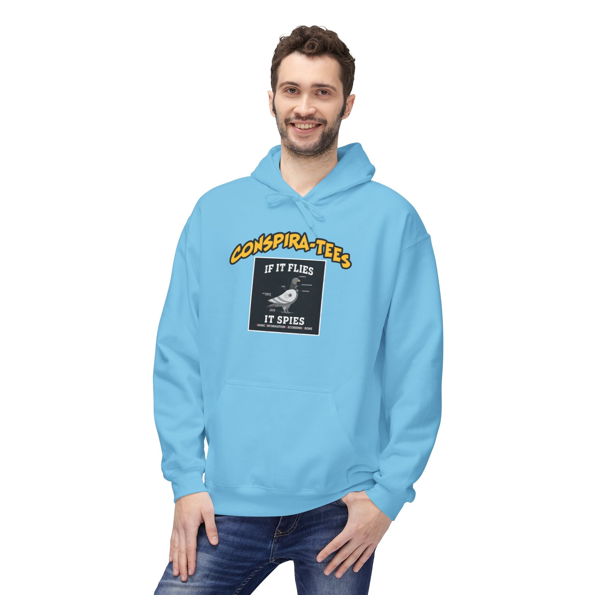 Birds are Drones Conspira-tee. This one is a parody designed to fight misinformation with satire, mocking real, dangerous conspiracy theories by creating a more absurd one.