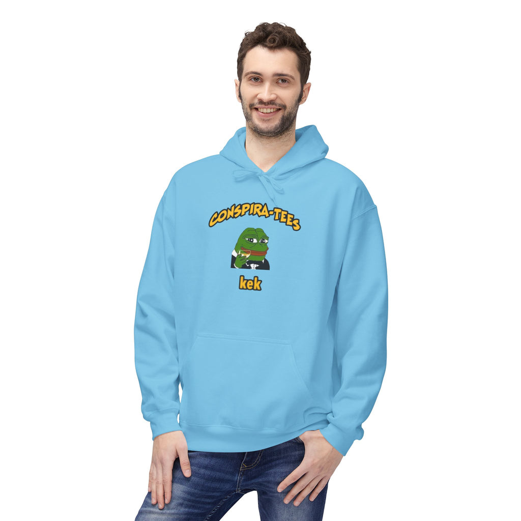 Kek Conspira-tee. Pepe at one point in time was the face of conspiracy memes on 4 chan and 8 chan. Kek is netspeak for lol. Mocking your enemy.