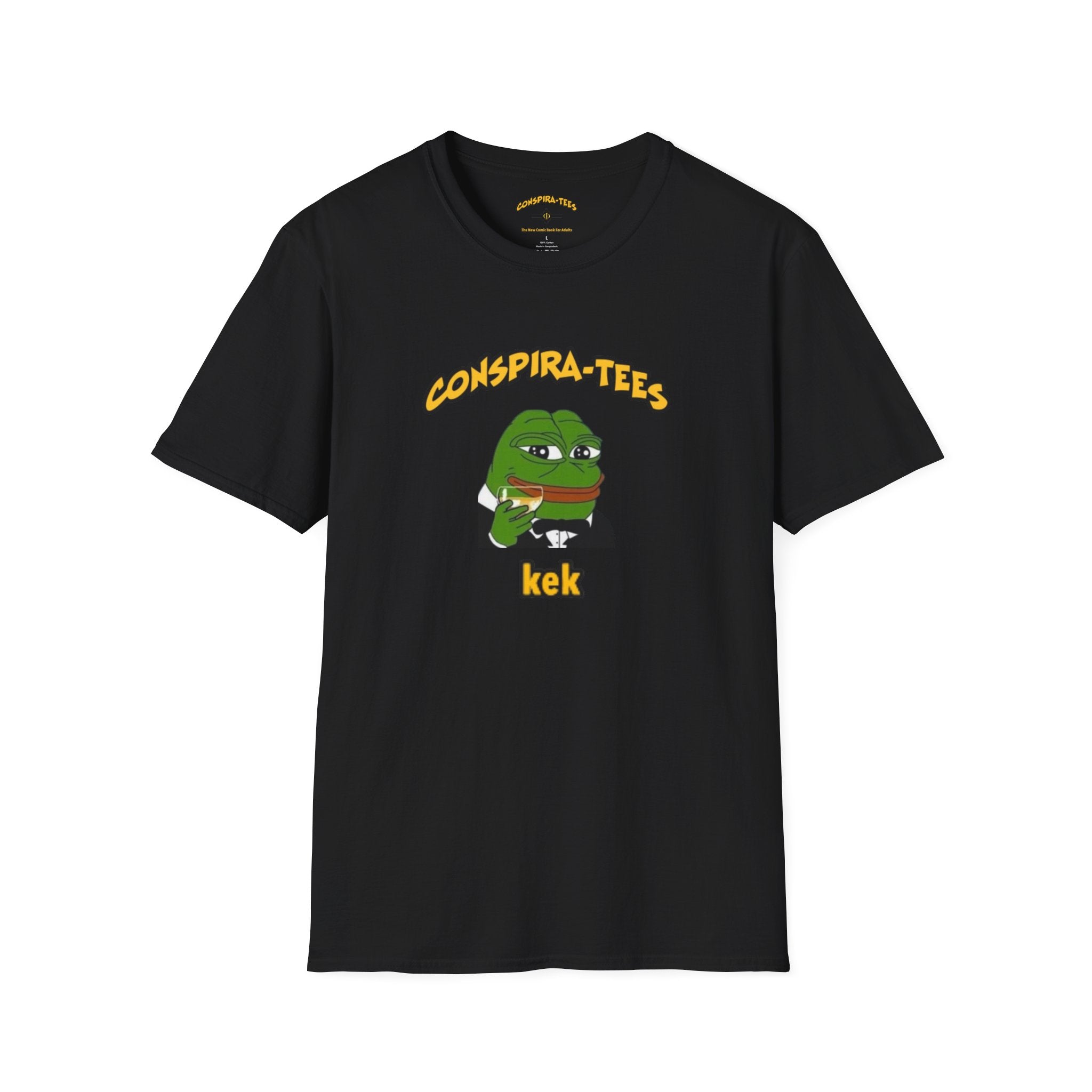 Kek Conspira-tee. Pepe at one point in time was the face of conspiracy memes on 4 chan and 8 chan. Kek is netspeak for lol. Mocking your enemy.