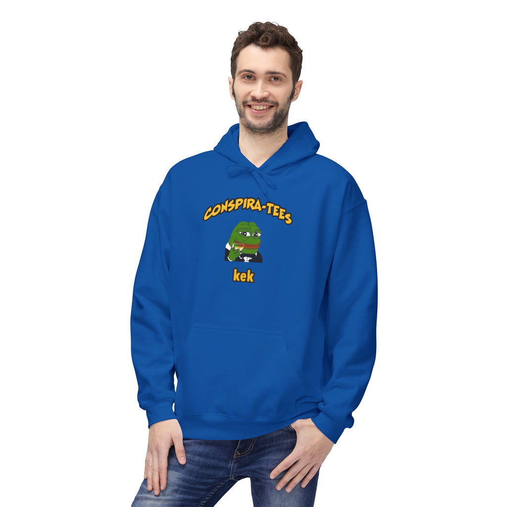 Kek Conspira-tee. Pepe at one point in time was the face of conspiracy memes on 4 chan and 8 chan. Kek is netspeak for lol. Mocking your enemy.