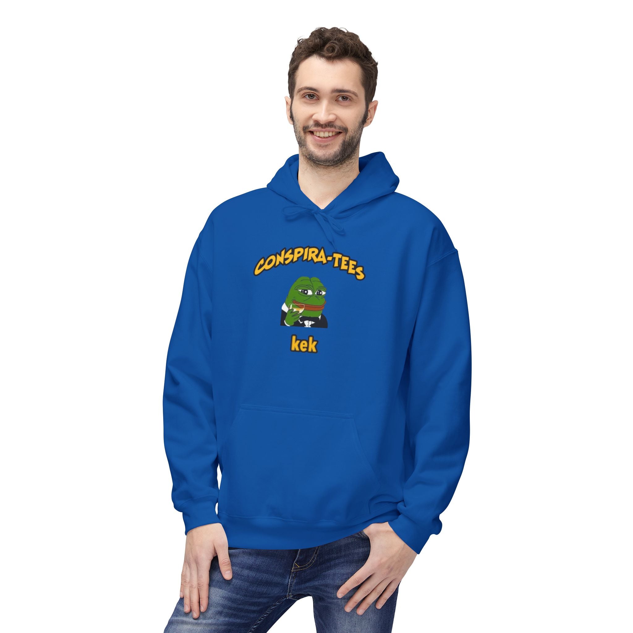 Kek Conspira-tee. Pepe at one point in time was the face of conspiracy memes on 4 chan and 8 chan. Kek is netspeak for lol. Mocking your enemy.