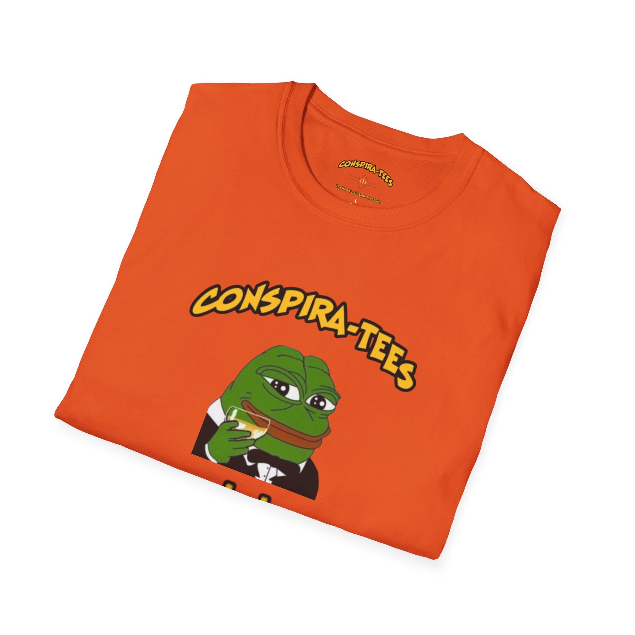 Kek Conspira-tee. Pepe at one point in time was the face of conspiracy memes on 4 chan and 8 chan. Kek is netspeak for lol. Mocking your enemy.