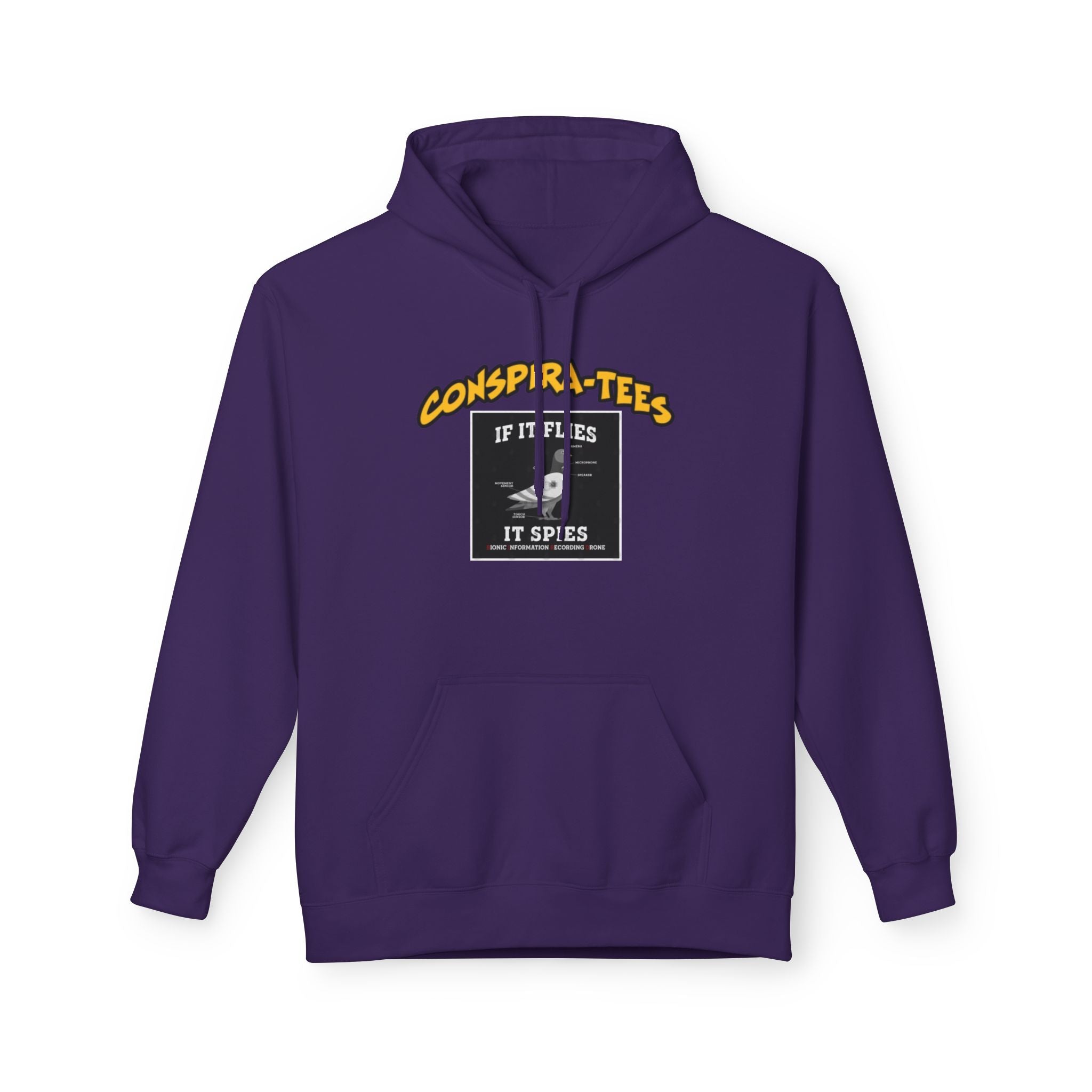 Birds are Drones Conspira-tee. This one is a parody designed to fight misinformation with satire, mocking real, dangerous conspiracy theories by creating a more absurd one.