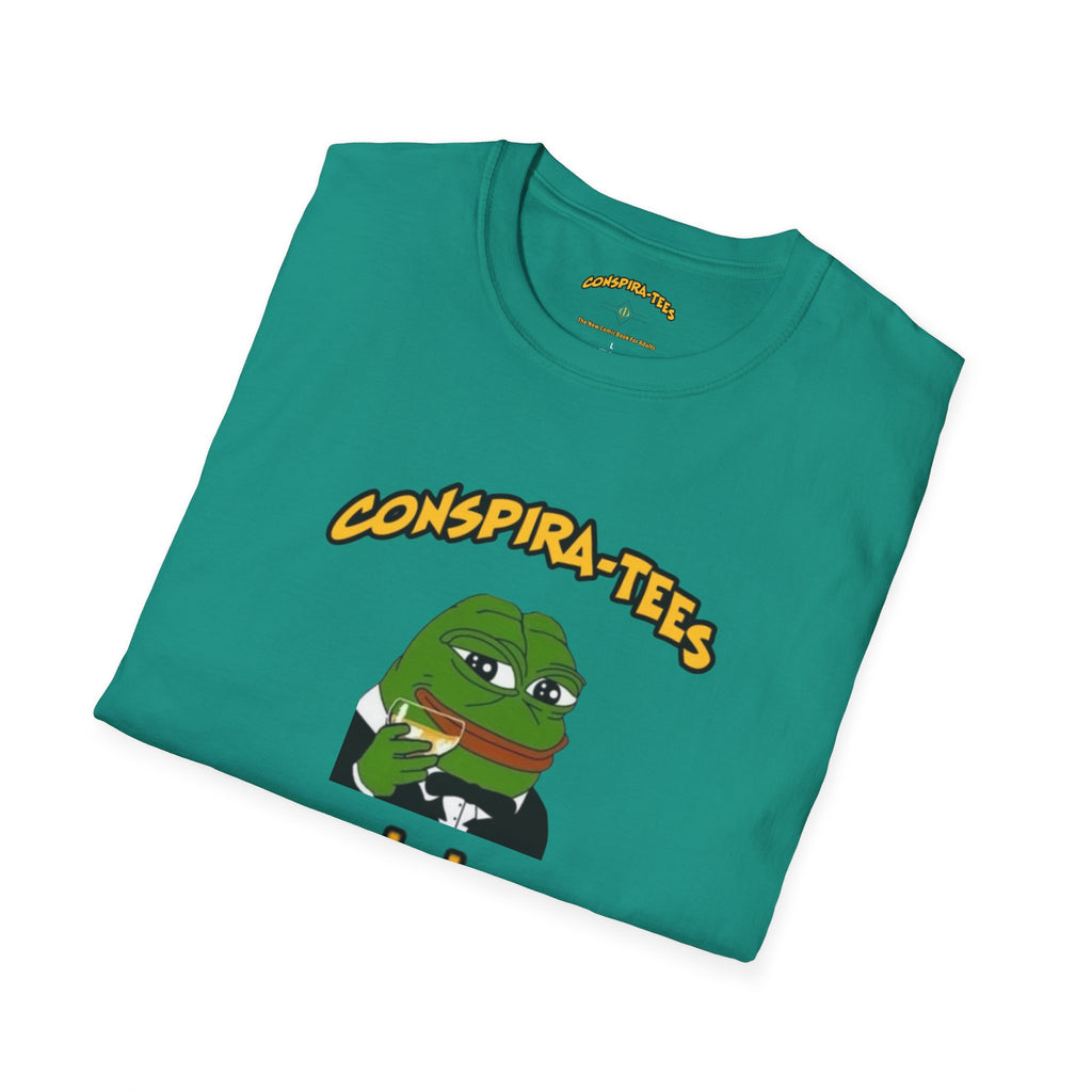 Kek Conspira-tee. Pepe at one point in time was the face of conspiracy memes on 4 chan and 8 chan. Kek is netspeak for lol. Mocking your enemy.