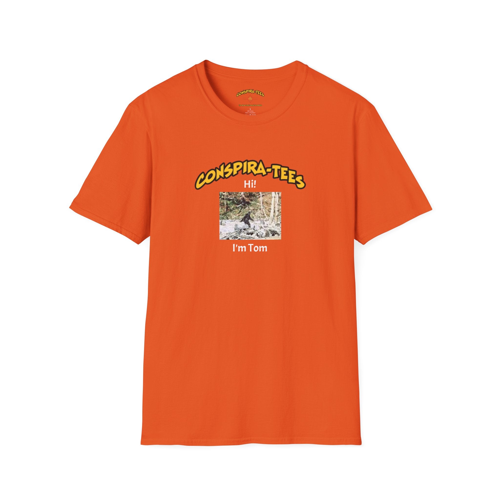 Bigfoot. “Hi I’m Tom,” Conspira-tee. Bigfoot is described as a massive, bipedal ape standing 6 to 10 feet tall, covered in thick hair, and roaming the remote forests of the US Pacific Northwest.