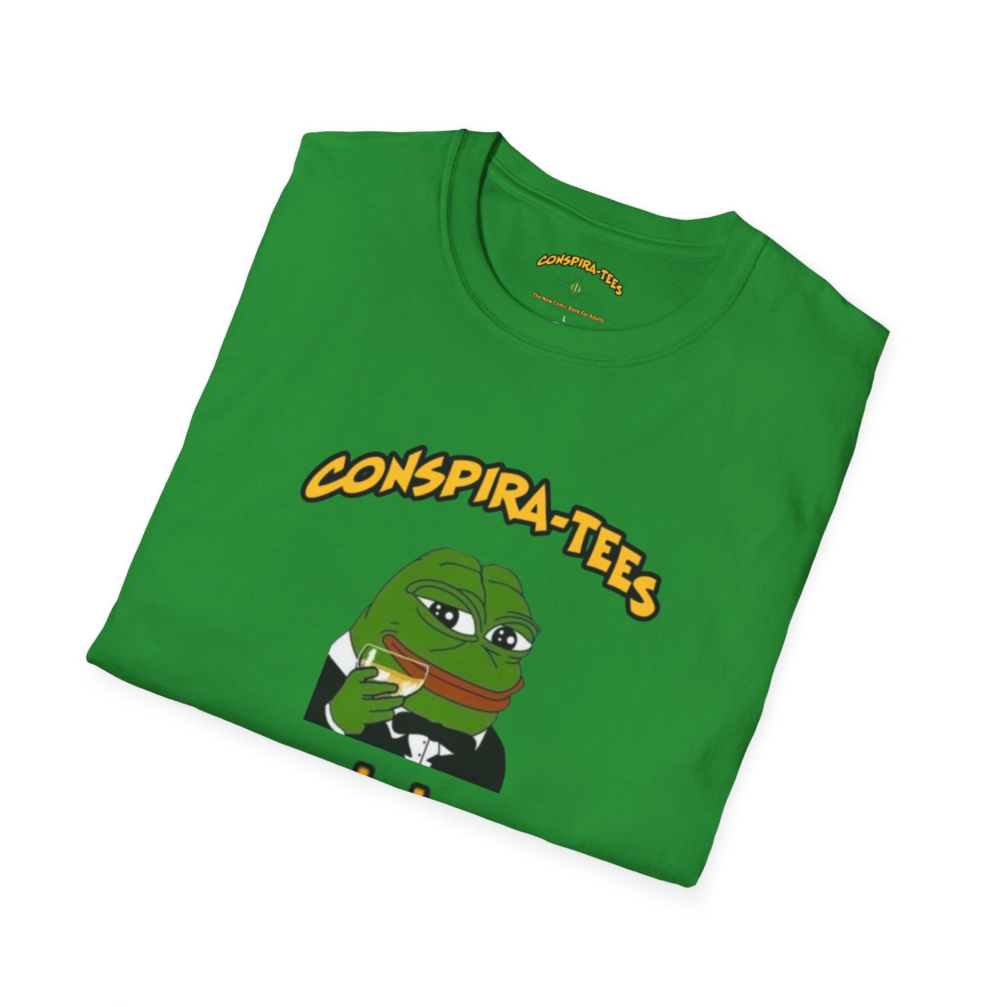 Kek Conspira-tee. Pepe at one point in time was the face of conspiracy memes on 4 chan and 8 chan. Kek is netspeak for lol. Mocking your enemy.
