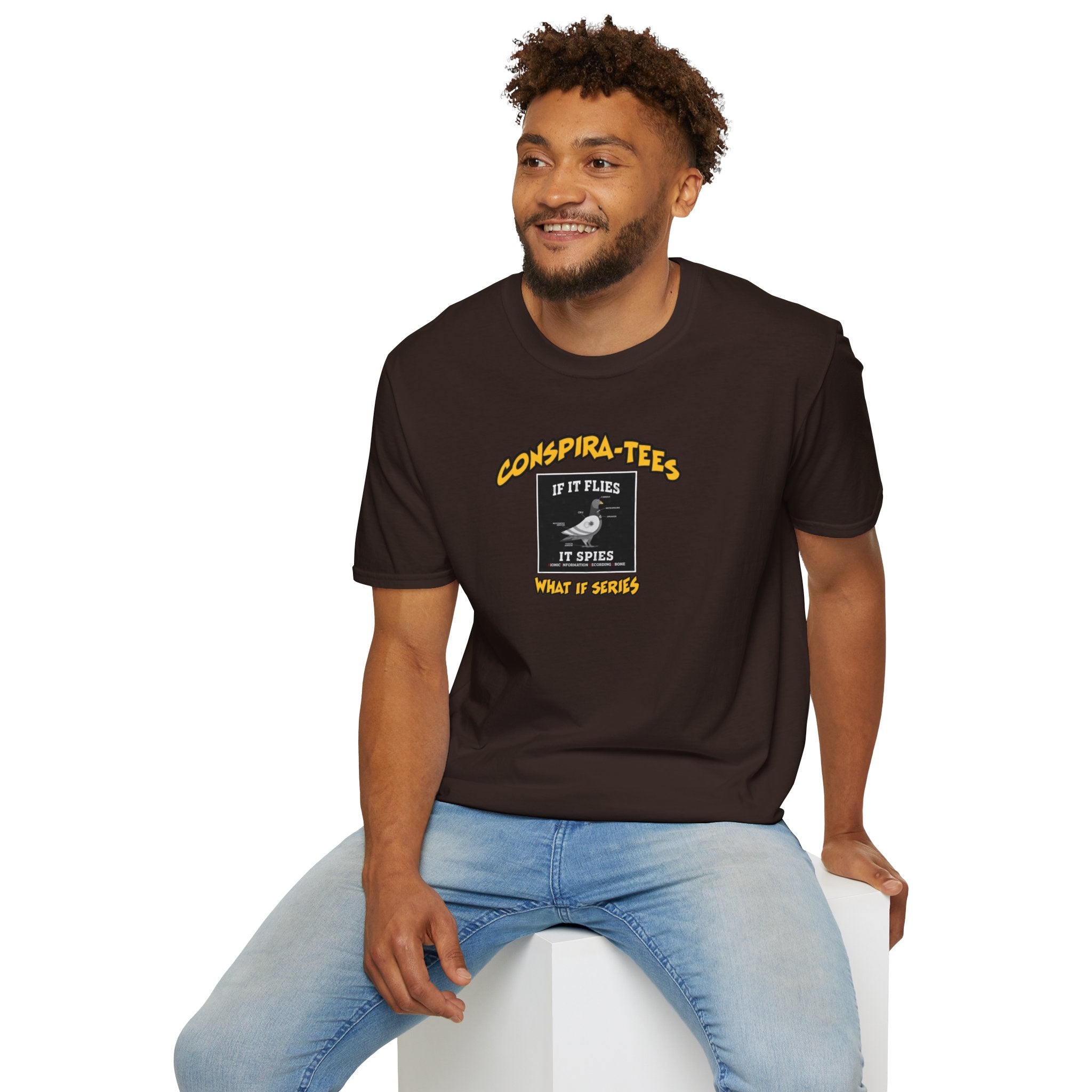 Birds are Drones Conspira-tee. This one is a parody designed to fight misinformation with satire, mocking real, dangerous conspiracy theories by creating a more absurd one.