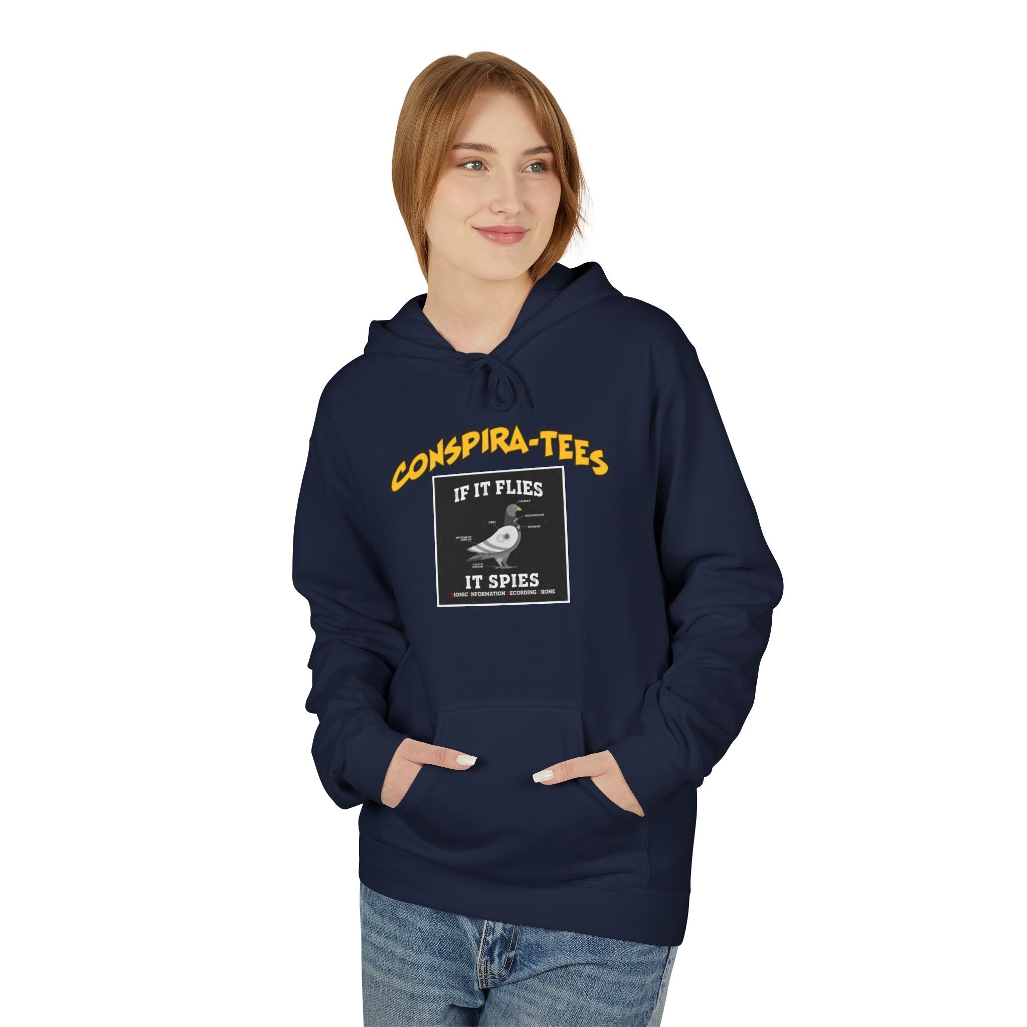 Birds are Drones Conspira-tee. This one is a parody designed to fight misinformation with satire, mocking real, dangerous conspiracy theories by creating a more absurd one.