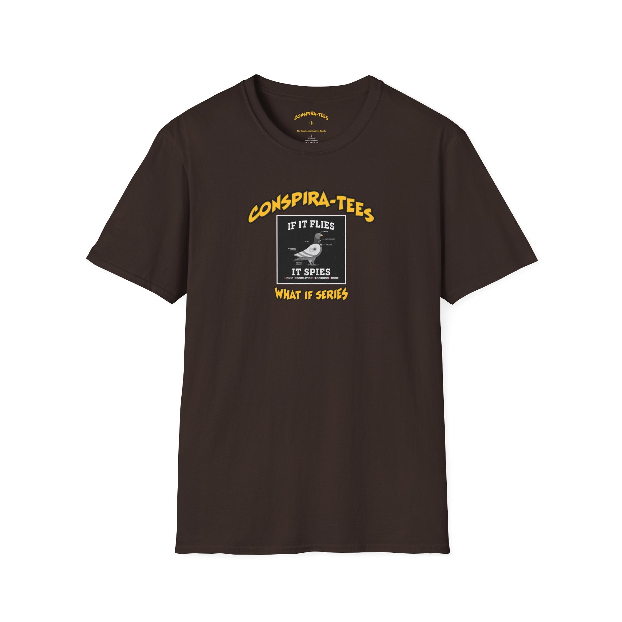 Birds are Drones Conspira-tee. This one is a parody designed to fight misinformation with satire, mocking real, dangerous conspiracy theories by creating a more absurd one.
