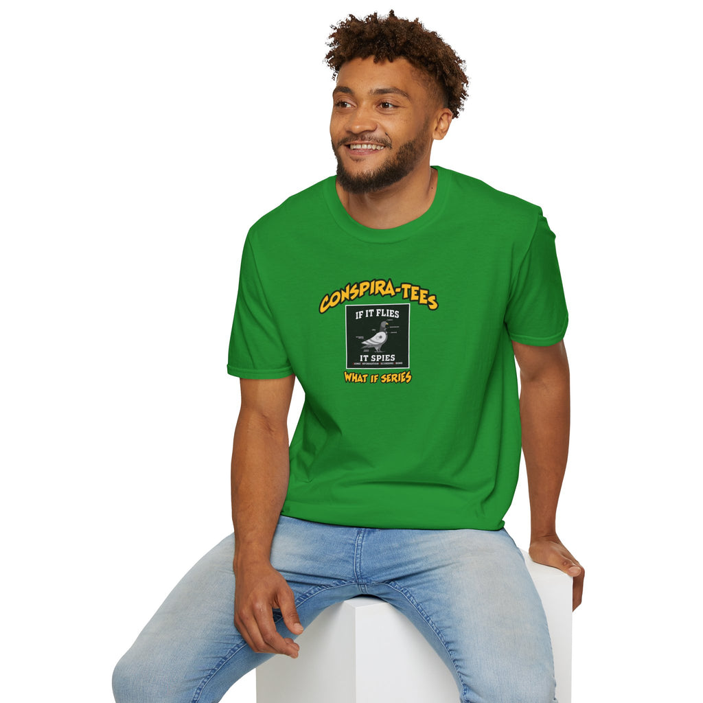 Birds are Drones Conspira-tee. This one is a parody designed to fight misinformation with satire, mocking real, dangerous conspiracy theories by creating a more absurd one.