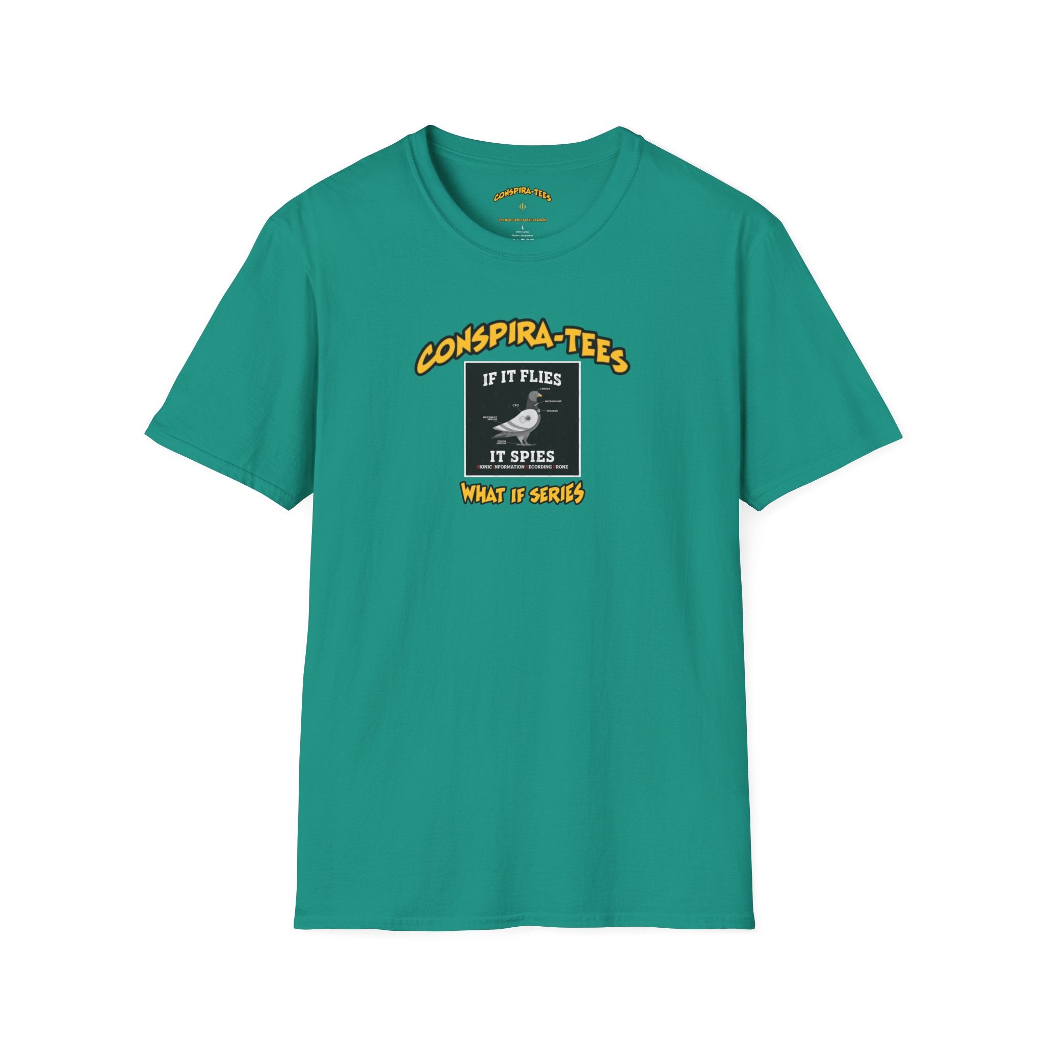 Birds are Drones Conspira-tee. This one is a parody designed to fight misinformation with satire, mocking real, dangerous conspiracy theories by creating a more absurd one.