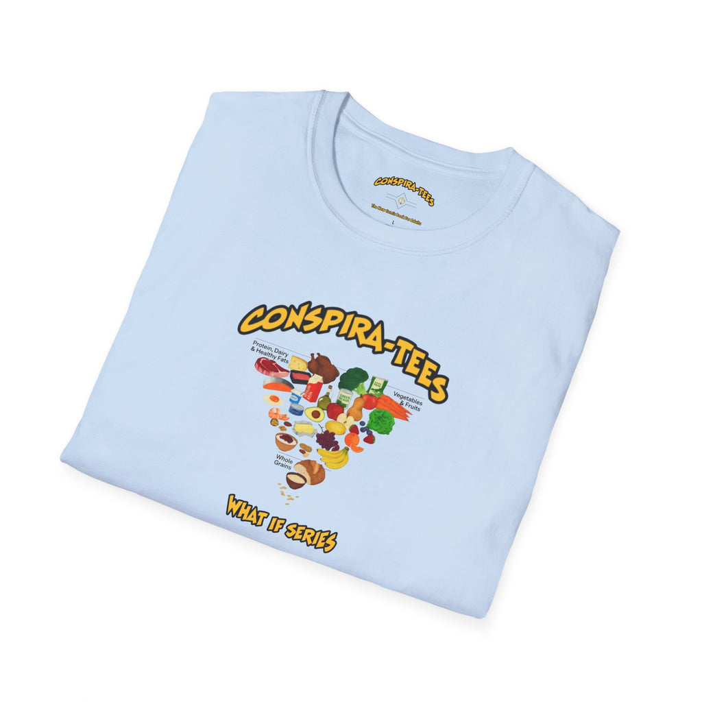 Upside down food pyramid Conspira-tee. An "[inverted] food pyramid" championed by RFK Jr. to prioritize protein, healthy fats, and dairy while downplaying processed foods...