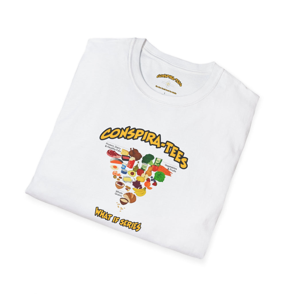 Upside down food pyramid Conspira-tee. An "[inverted] food pyramid" championed by RFK Jr. to prioritize protein, healthy fats, and dairy while downplaying processed foods...